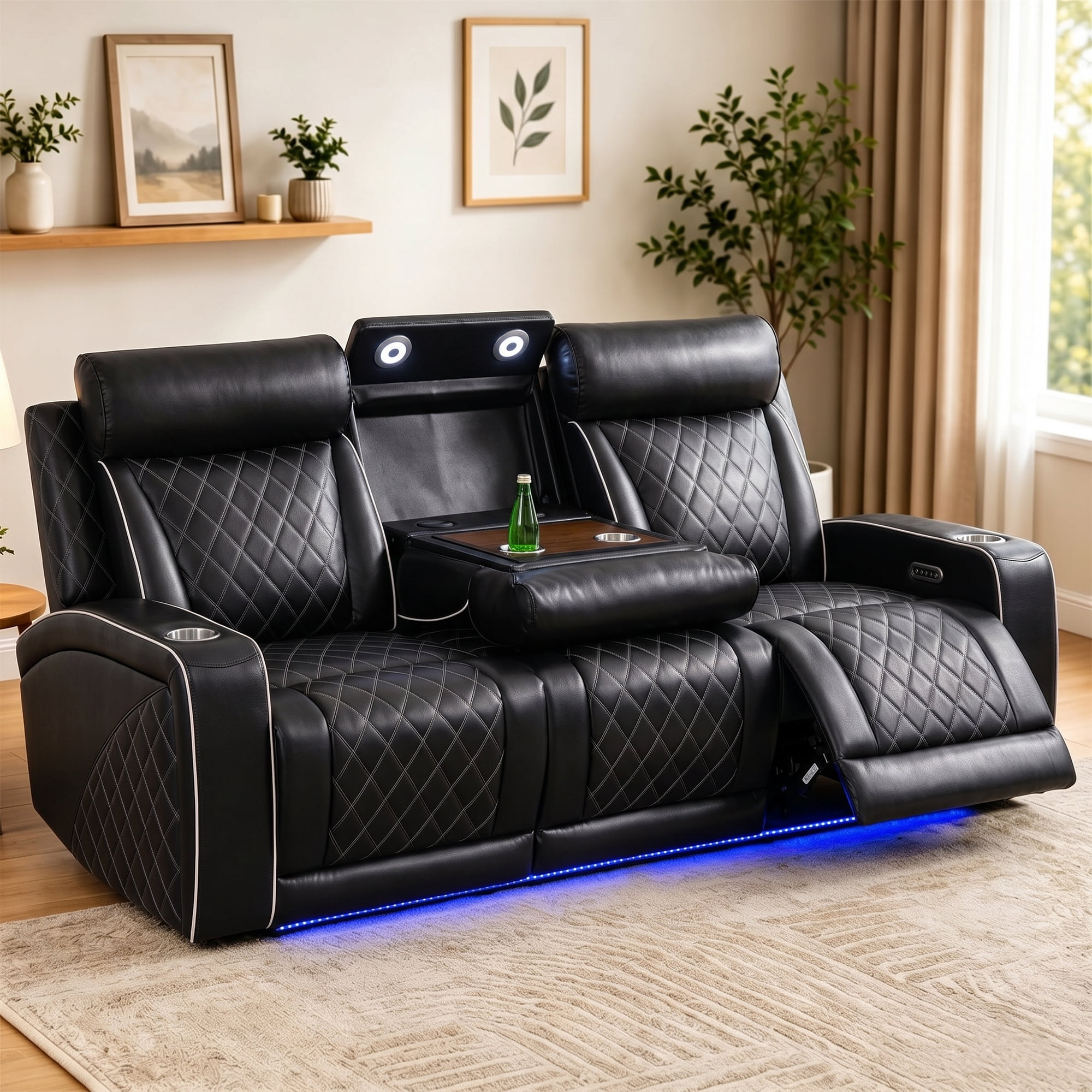 Aukfa Power Recliner 3 Seat RV Sofa with USB & Wireless Charging, Cup Holders Console & LED Lighting, Home Theater Seating for Living Room, PU Leather, Black