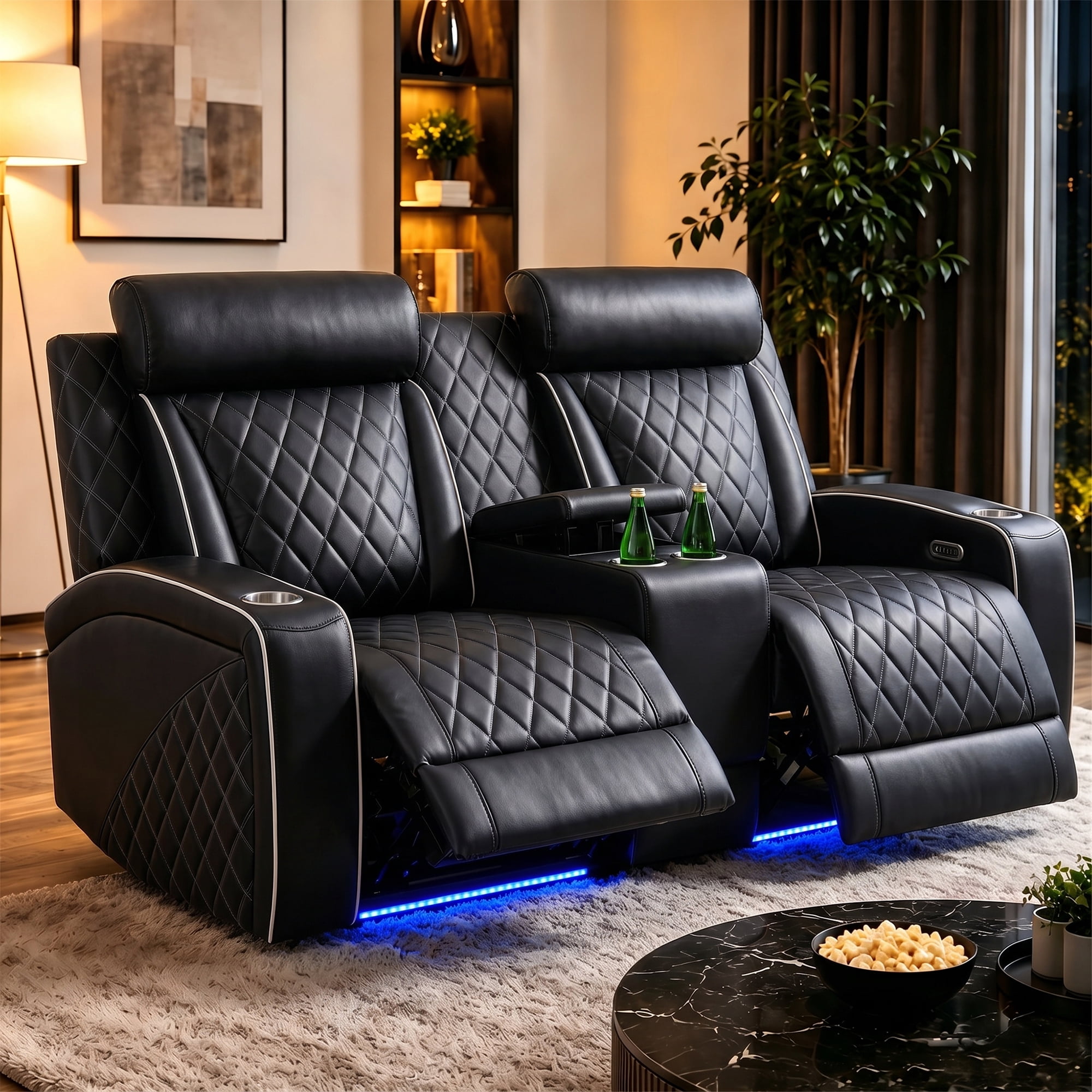 Aukfa Power Recliner Loveseat RV Sofa with USB, Cup Holders & LED Lighting, Storage Console, Home Theater Seating for Living Room, PU Leather, Black