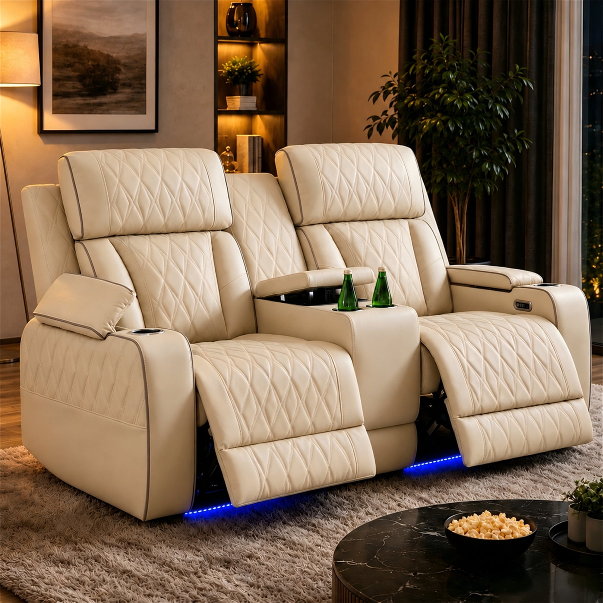 Aukfa Power Recliner Loveseat RV Sofa with USB, Cup Holders & LED Lighting, Storage Console, Home Theater Seating for Living Room, PU Leather, Beige