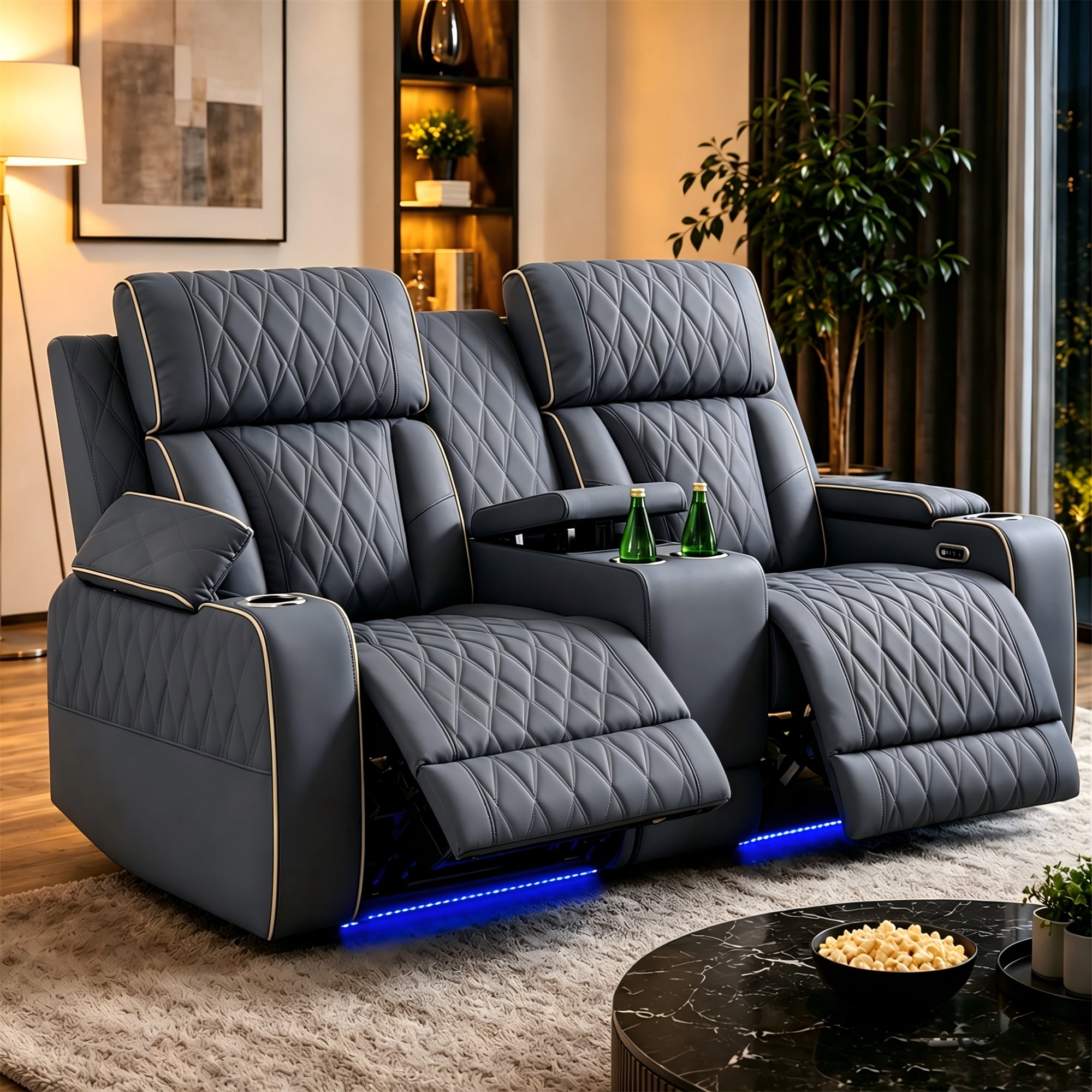 Aukfa Power Recliner Loveseat RV Sofa with USB, Cup Holders & LED Lighting, Storage Console, Home Theater Seating for Living Room, PU Leather, Blue Gray