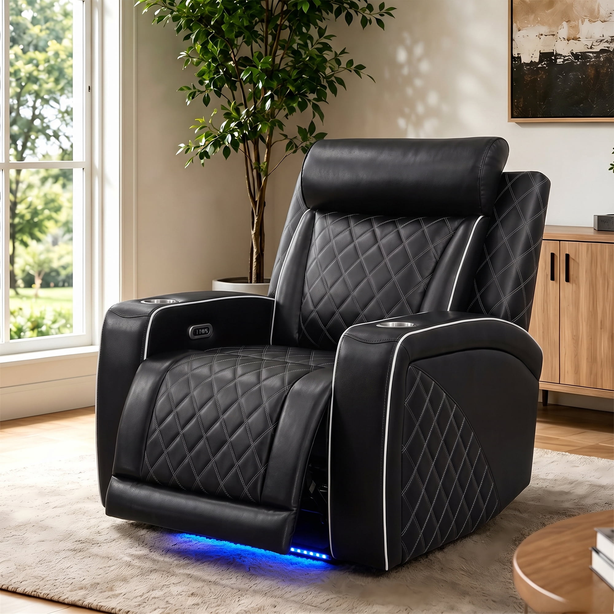 Aukfa Power Recliner RV Sofa with USB, Cup Holders & LED Lighting, Storage Arm, Home Theater Seating for Living Room, PU Leather, Black