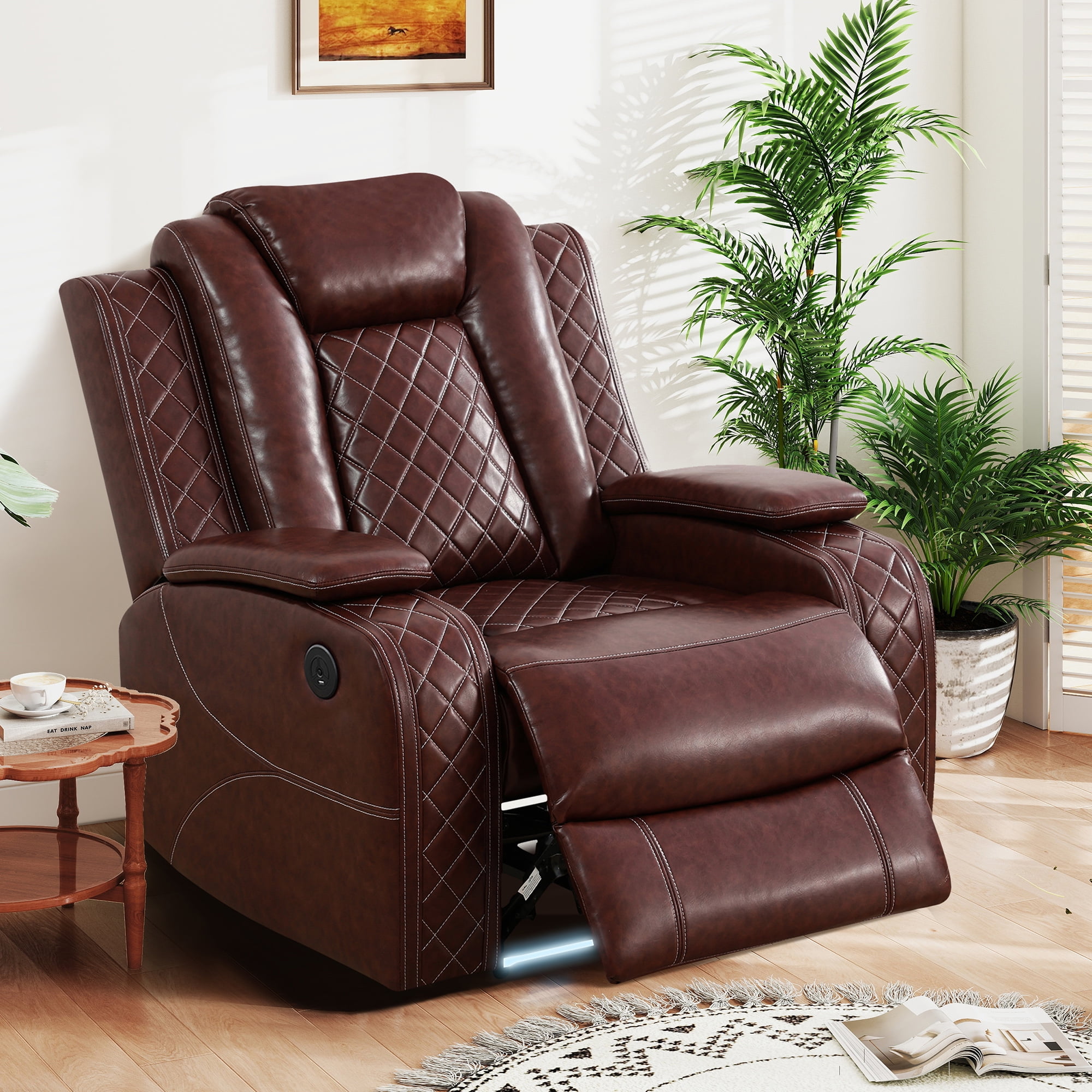 Aukfa Power Recliner Sofa Chair W/ Storage and USB for Living Room,Leather, Brown
