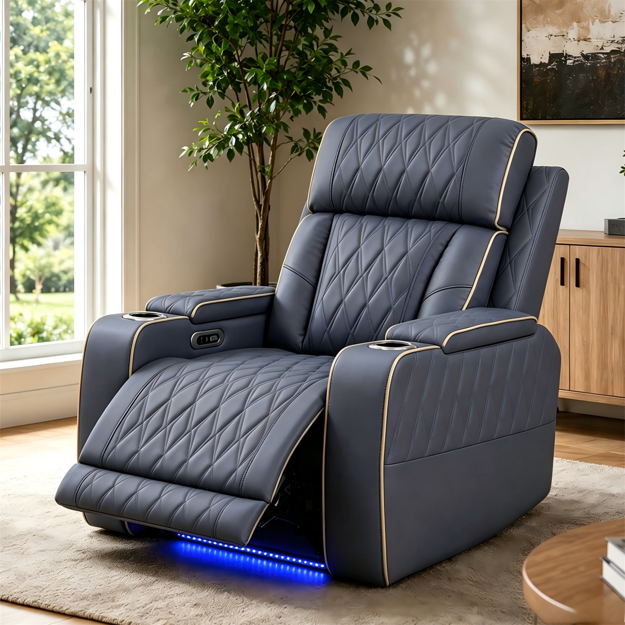 Aukfa Power Recliner RV Sofa with USB, Cup Holders & LED Lighting, Storage Arm, Home Theater Seating for Living Room, PU Leather, Blue Gray