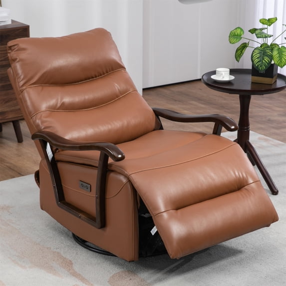 Aukfa Power Recliner Swivel Glider, Living Room Reclining Sofa Chair with USB Port, Leather, Brown