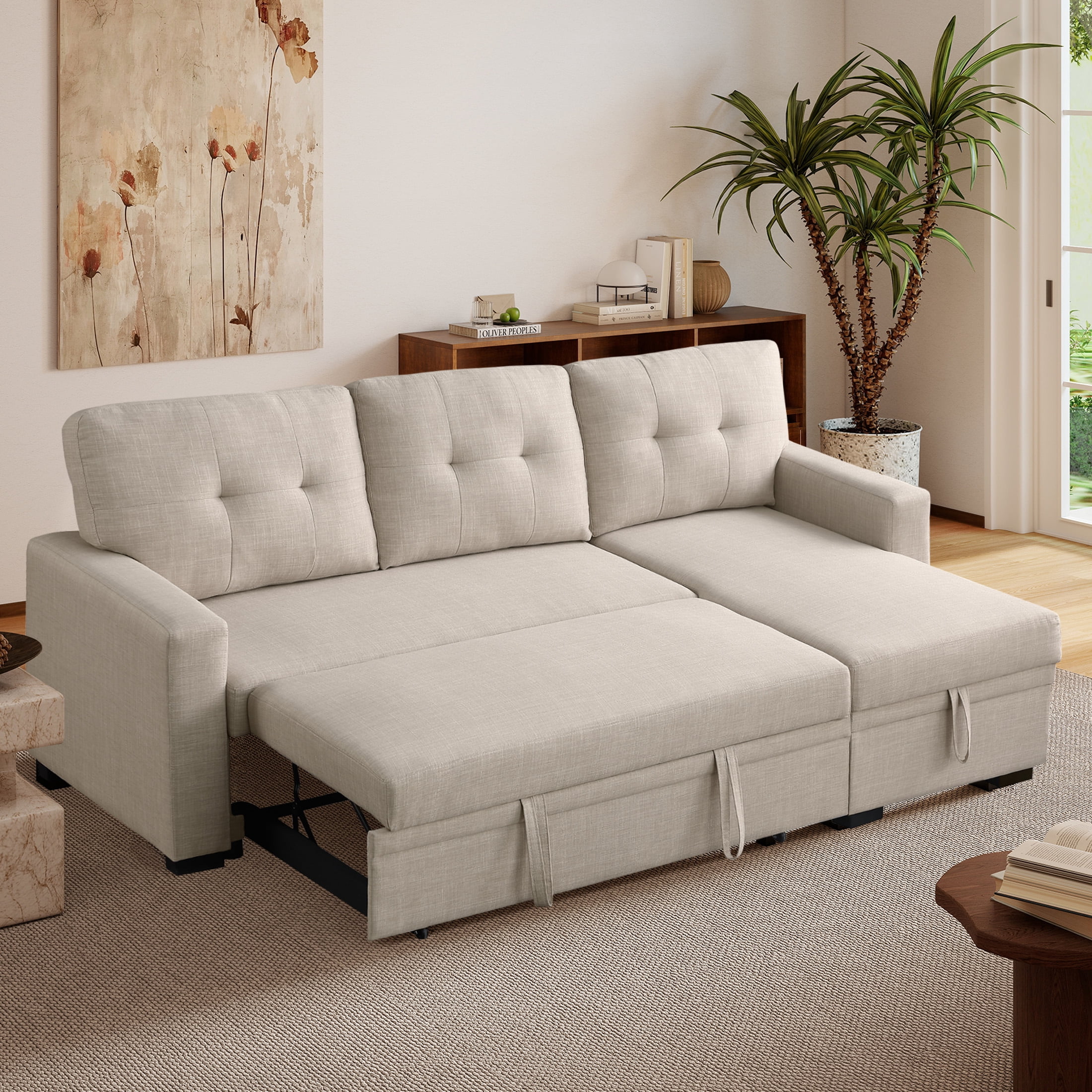 Aukfa Premium Pull-Out Sleeper Sofa Bed with Storage Chaise, Contemporary 3-Seater Couch for Living Room, Beige