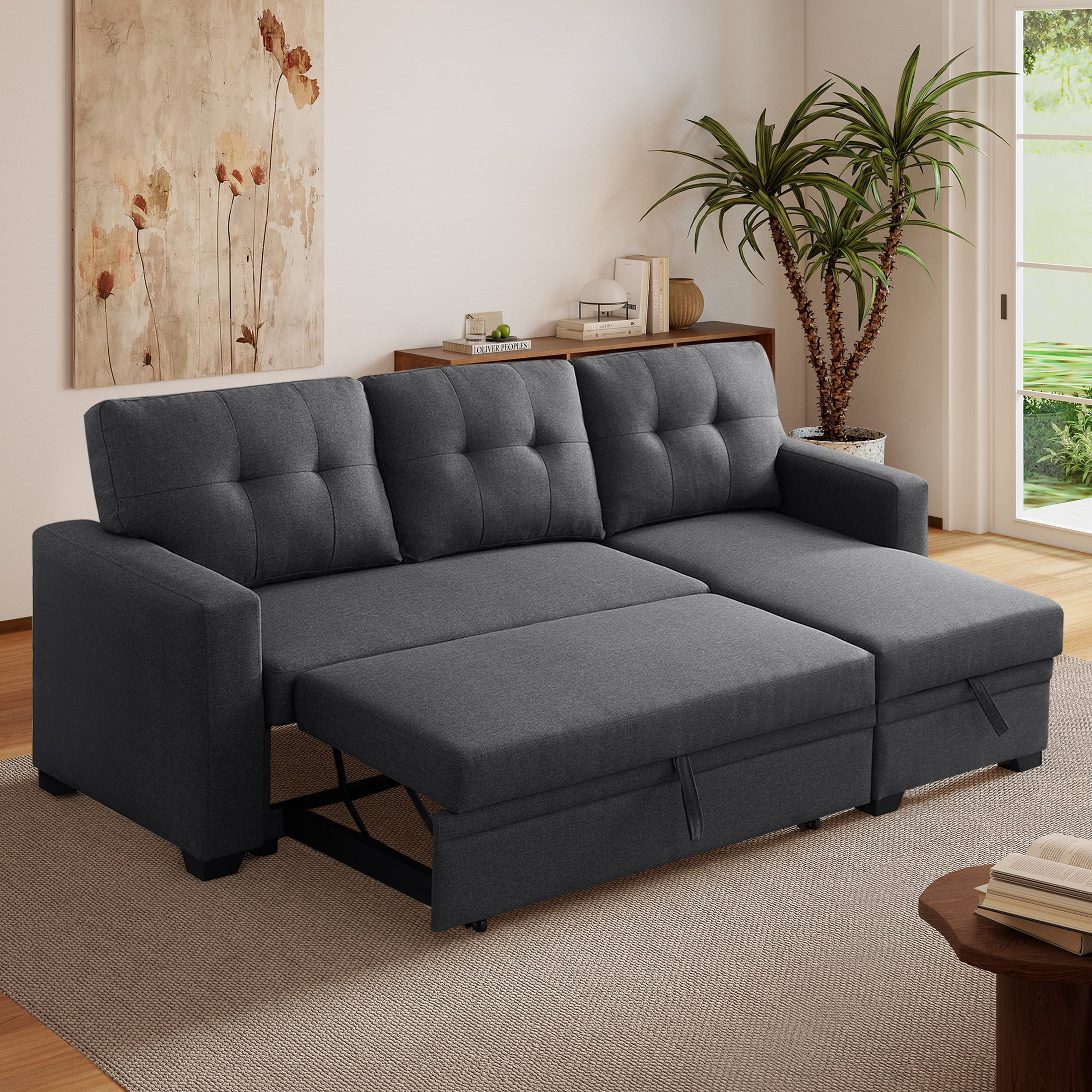 Aukfa Premium Pull-Out Sleeper Sofa Bed with Storage Chaise, Contemporary 3-Seater Couch for Living Room, Dark Gray