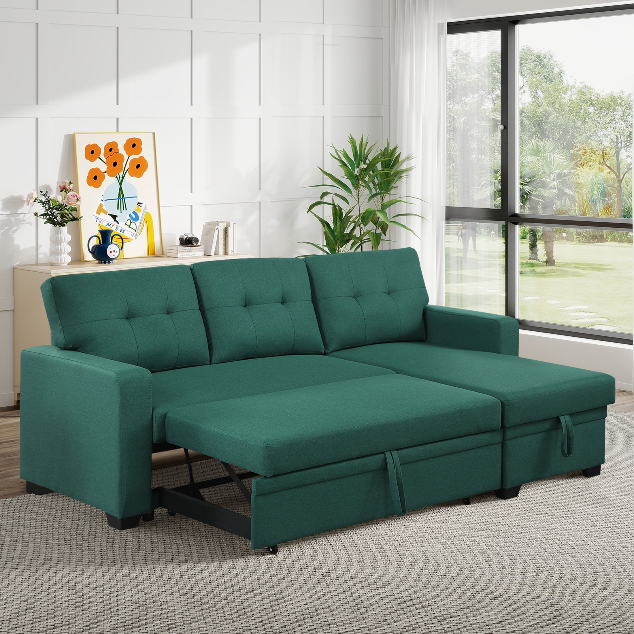 Aukfa Premium Pull-Out Sleeper Sofa Bed with Storage Chaise, Contemporary 3-Seater Couch for Living Room, Green