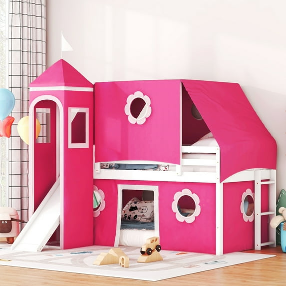 Aukfa Princess Low Loft Bed with Slide - Twin Size Castle Bed with Tent and Tower for Kids - Pink