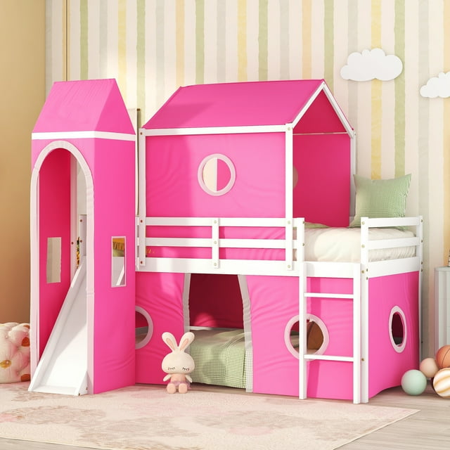 Aukfa Princess Low Loft Bed with Slide Twin Size Castle Bed with Tent