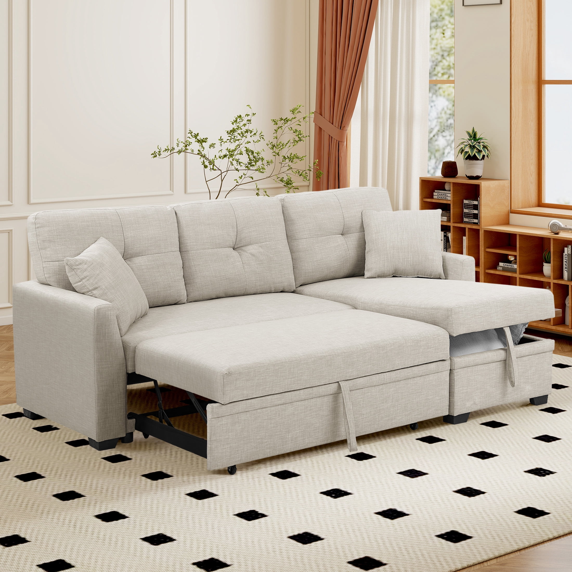 Aukfa Pull-Out Sleeper Sofa Bed with Storage Chaise, Reversible Loveseat for Living Room, Linen, Beige