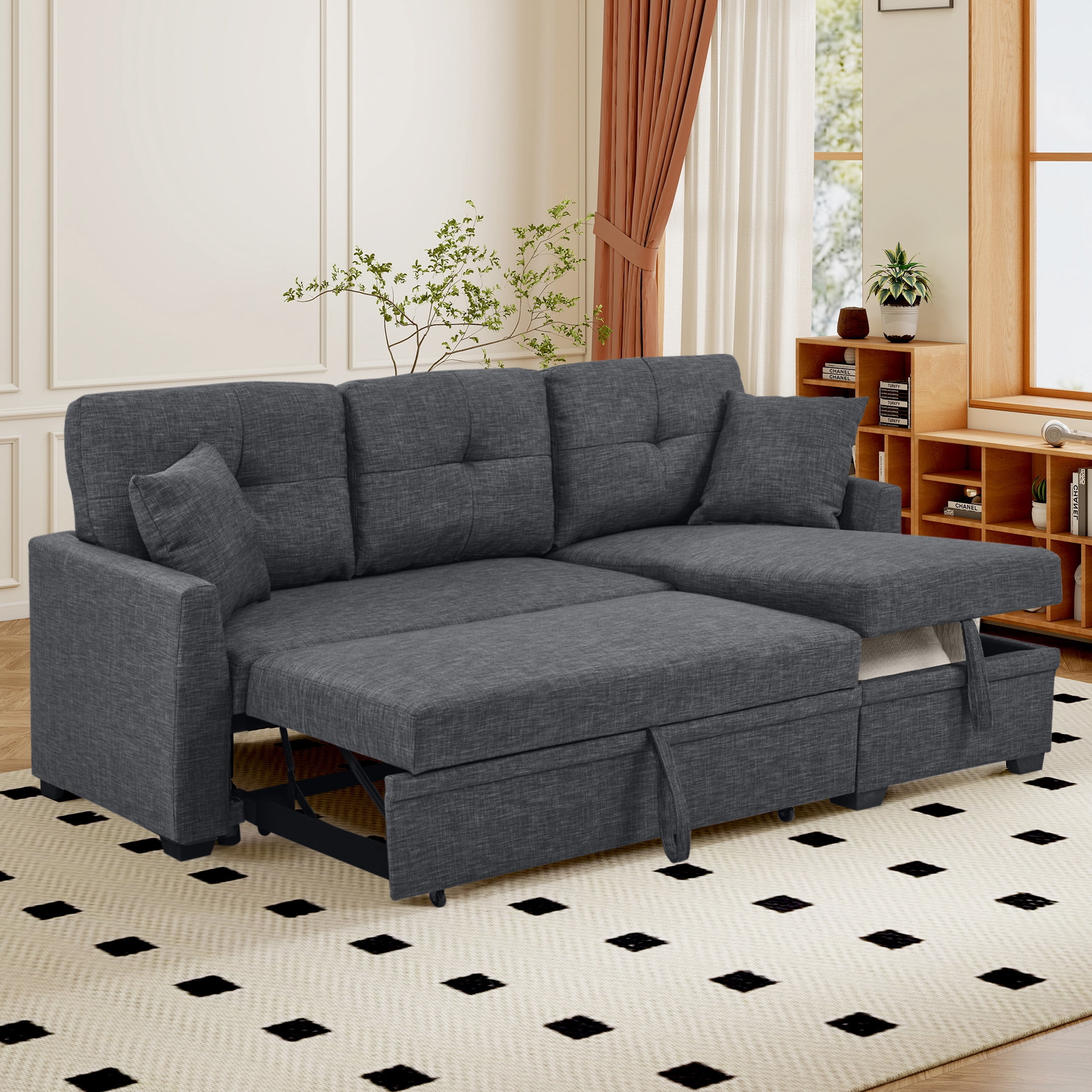 Aukfa Pull-Out Sleeper Sofa Bed with Storage Chaise, Reversible Loveseat for Living Room, Linen, Dark Gray