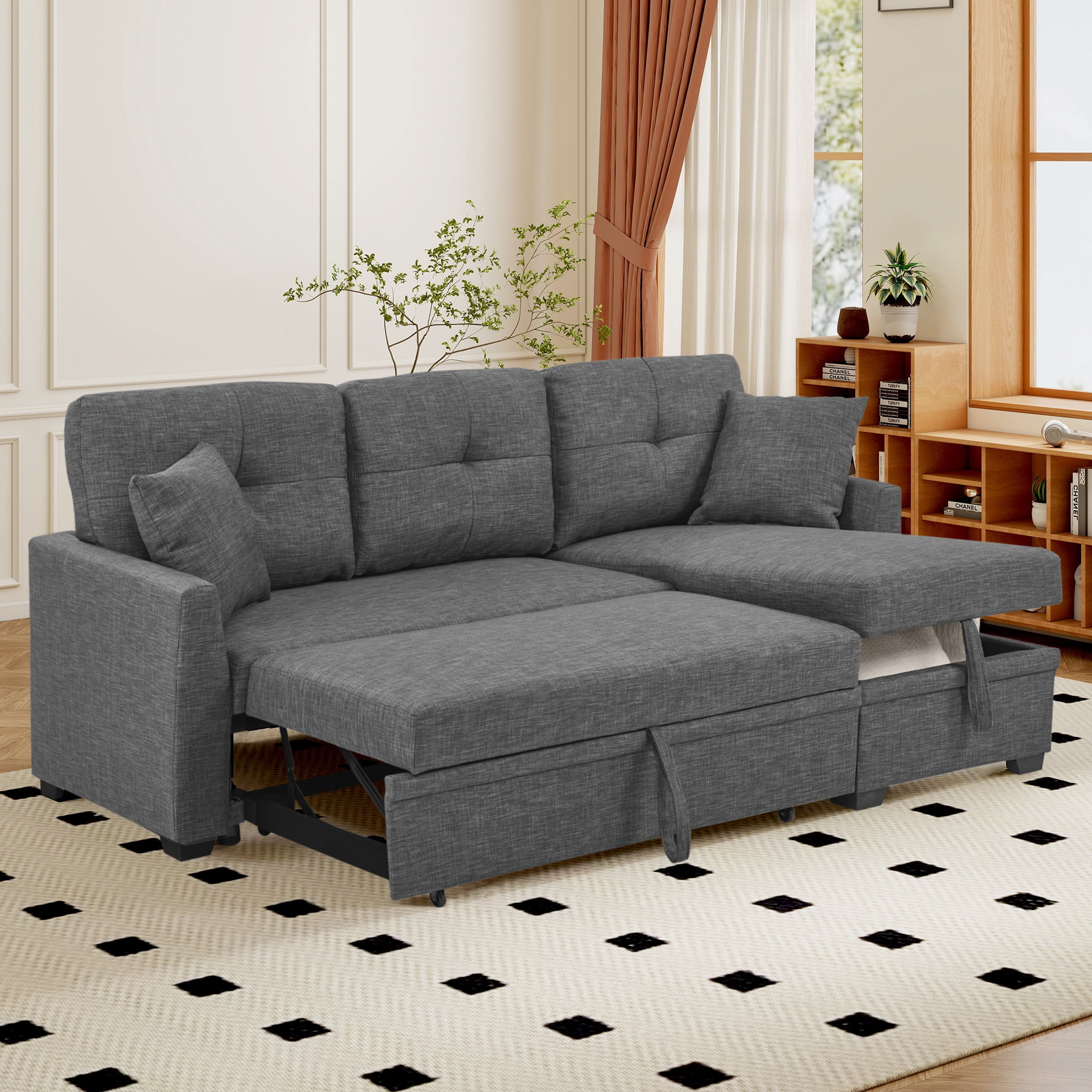 Aukfa Pull-Out Sleeper Sofa Bed with Storage Chaise, Reversible Loveseat for Living Room, Linen, Light Gray