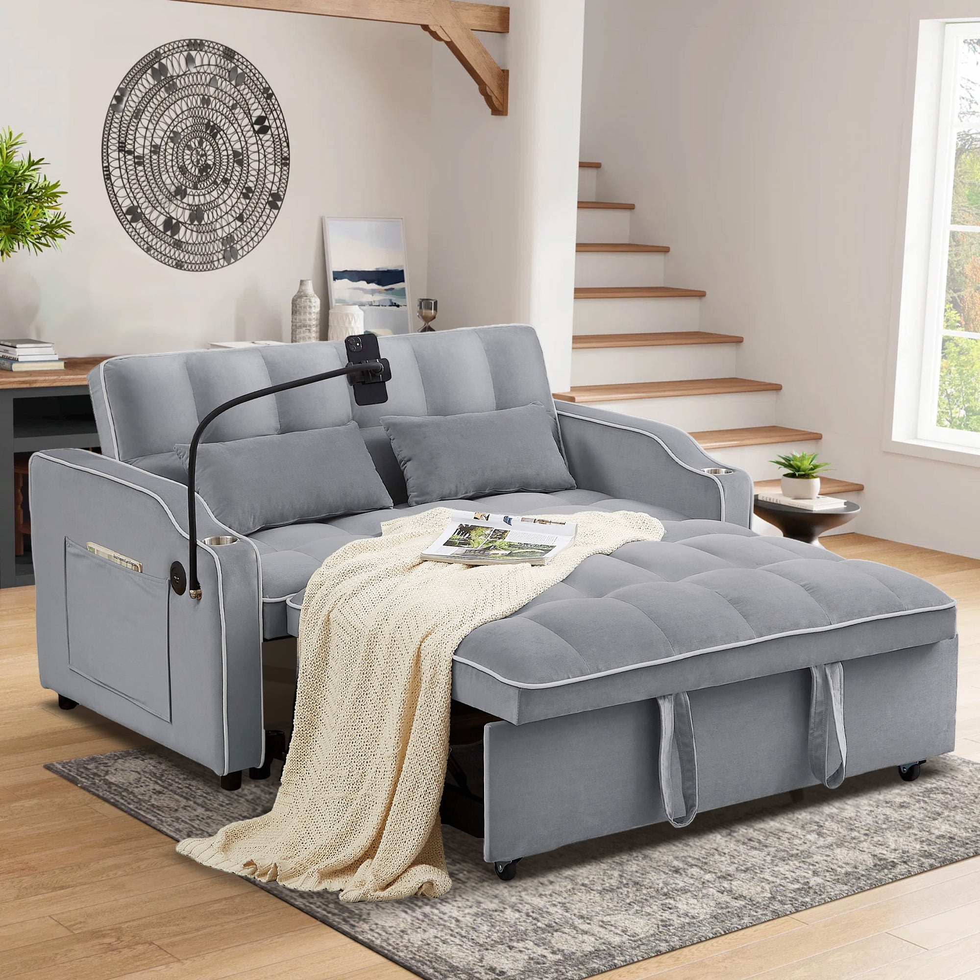 Aukfa Pull Out Sofa Bed, Convertible Loveseat Sleeper Sofa Couch with USB Port, Cup Holders and Swivel Phone Holder, Gray