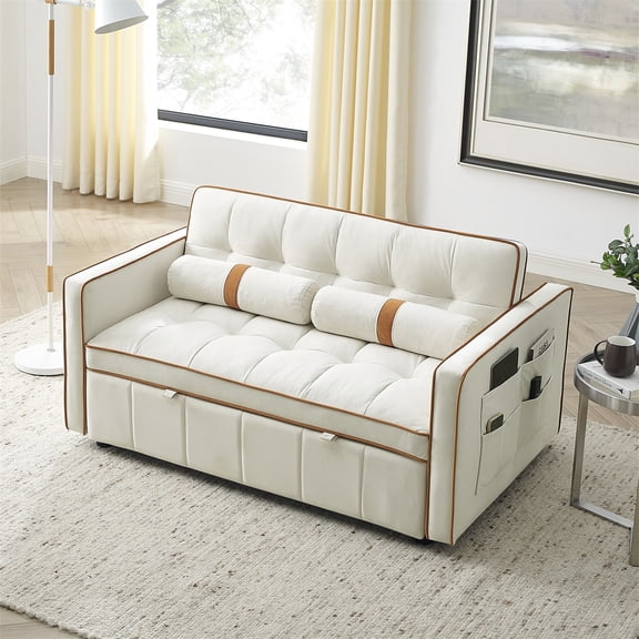 Aukfa Pull Out Sofa Bed, Tufted Convertible Sleeper Sofa Futon Sofa for Home Office, Velvet, Beige