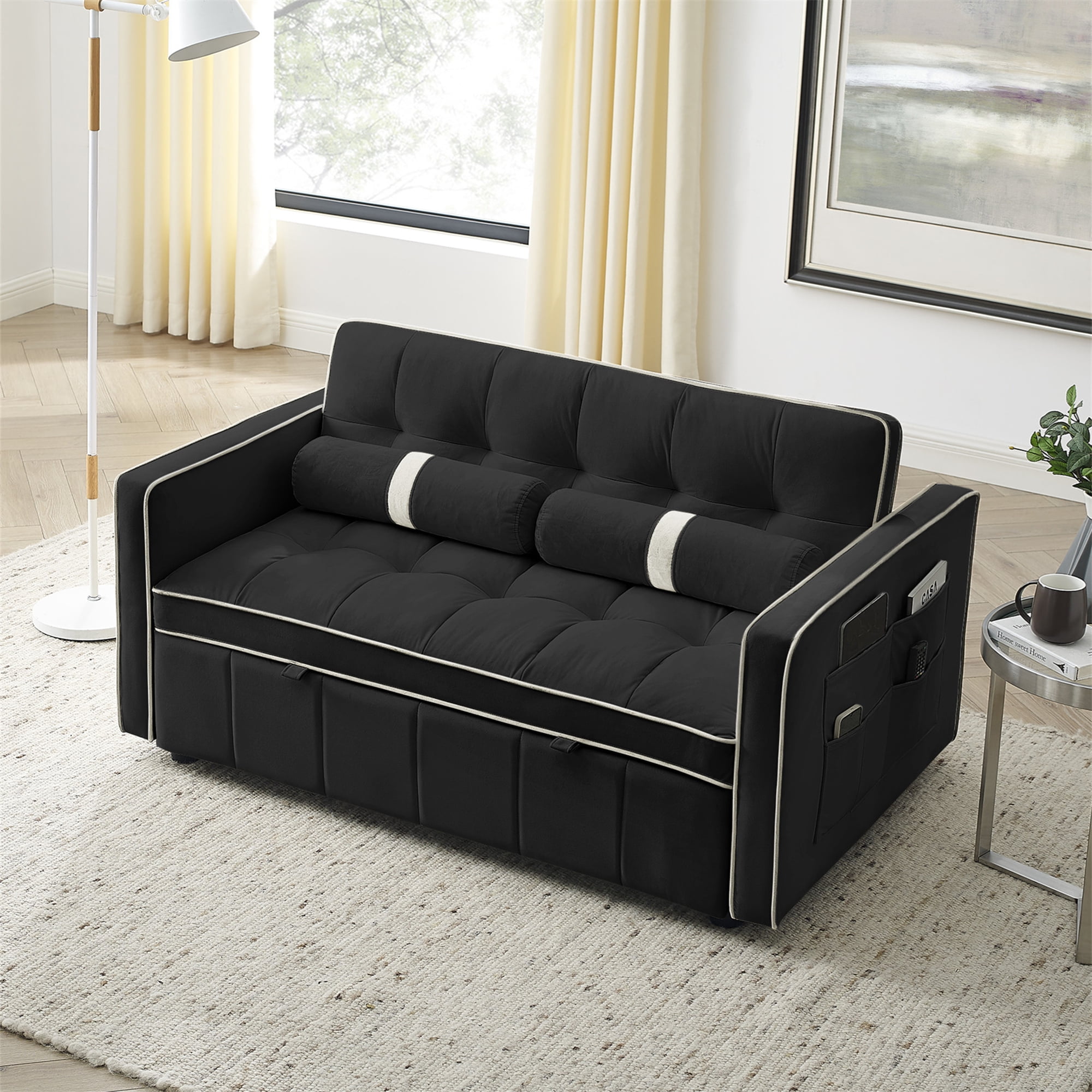 Aukfa Pull Out Sofa Bed, Tufted Convertible Sleeper Sofa Futon Sofa for Home Office, Velvet, Black