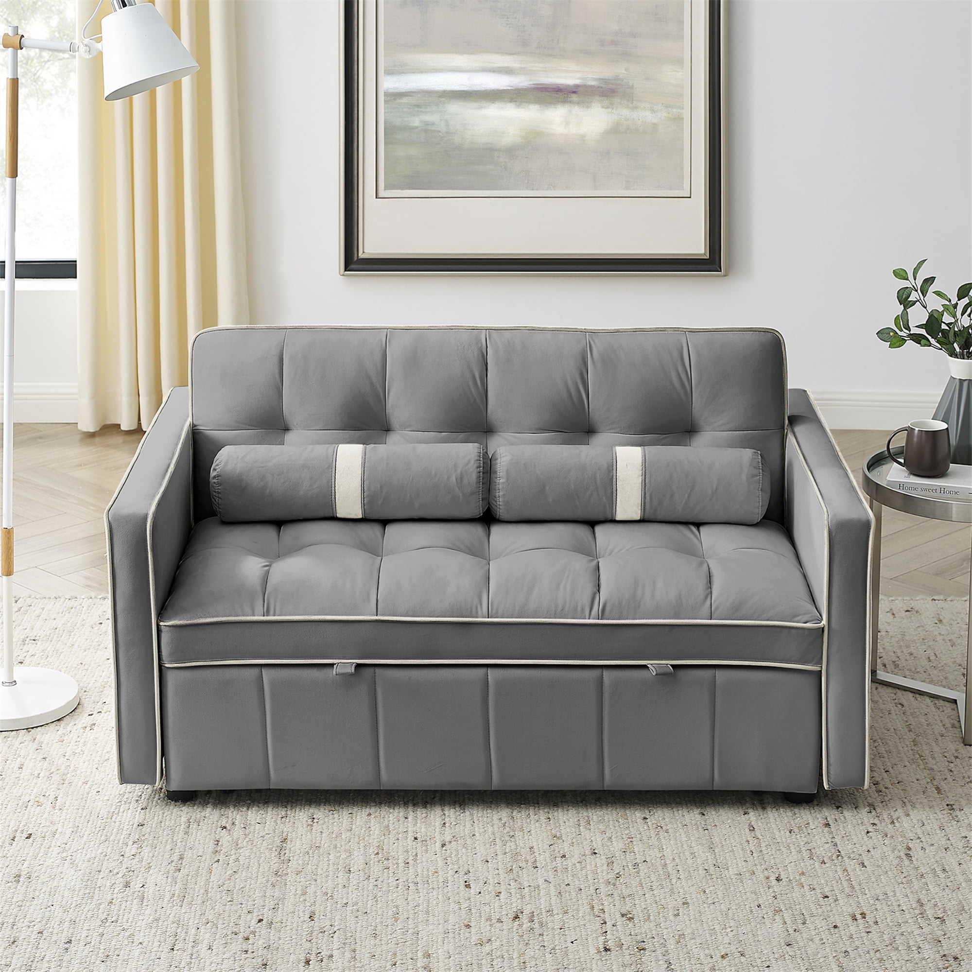 Aukfa Pull Out , Tufted Convertible Sleeper Sofa Sofa for Home Office, Velvet, Gray