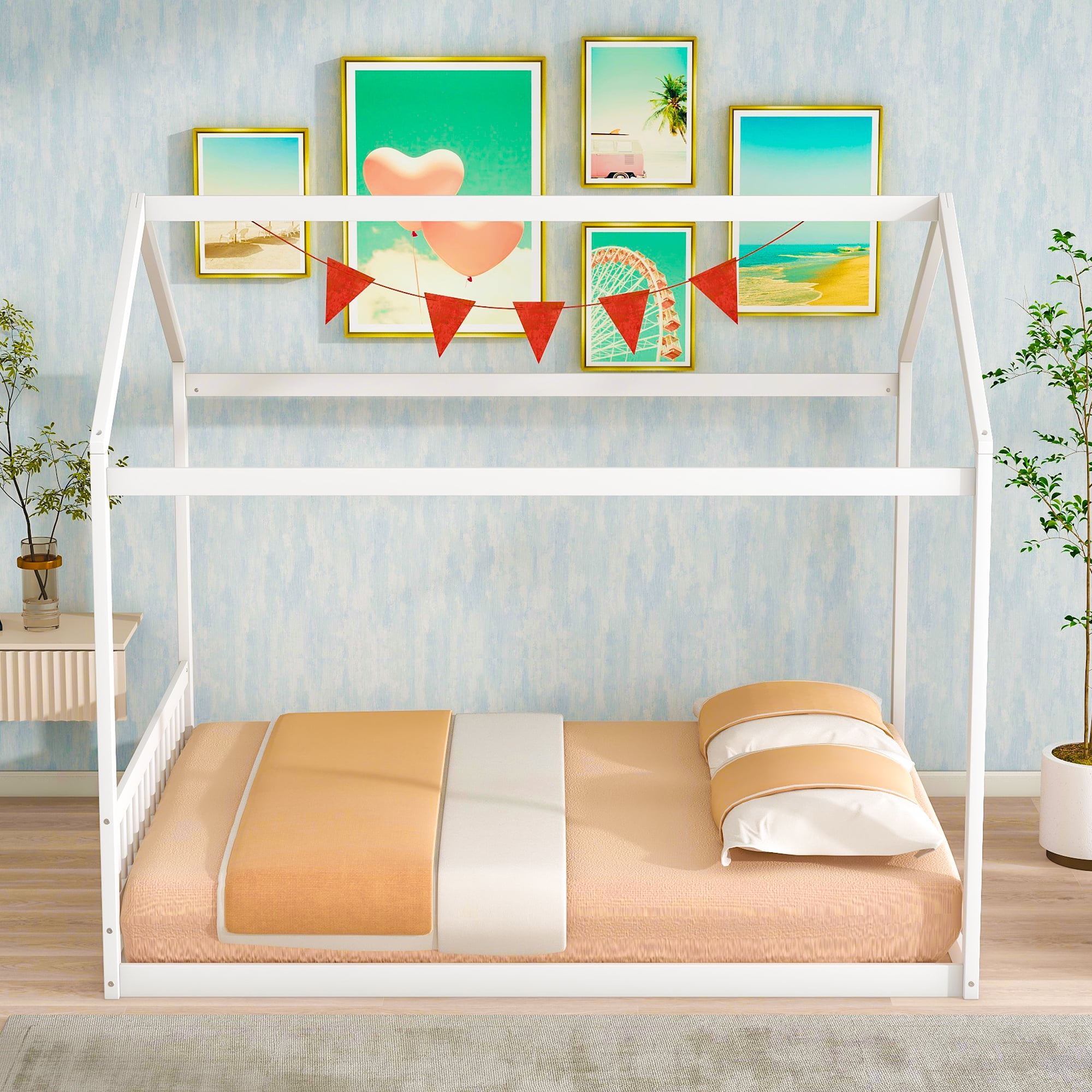 Aukfa Queen Bed Frame, Wooden House Bed Frame with Headboard - White