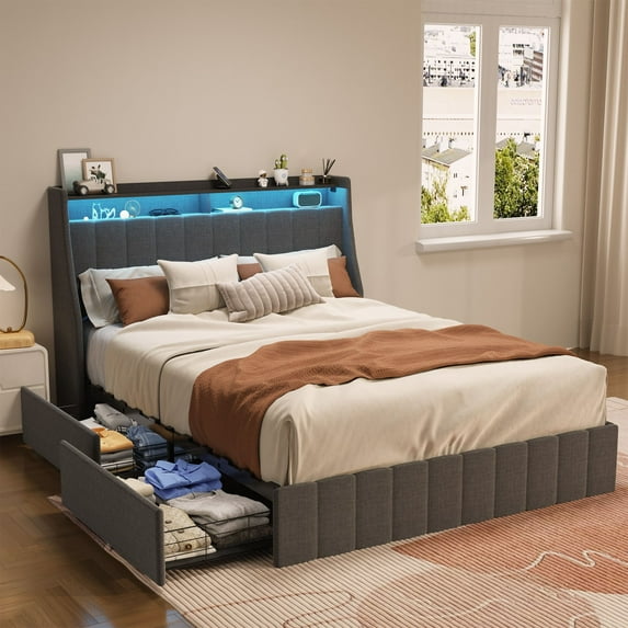 Aukfa Queen Bed Frame with 4 Storage Drawers and LED Light, Upholstered Platform Bed with Wingback - Dark Gray