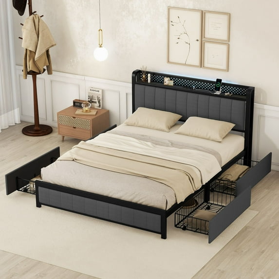 Aukfa Queen Bed Frame with 4 Storage Drawers and USB Ports , Upholstered Platform Bed with LED Headboard, Gray