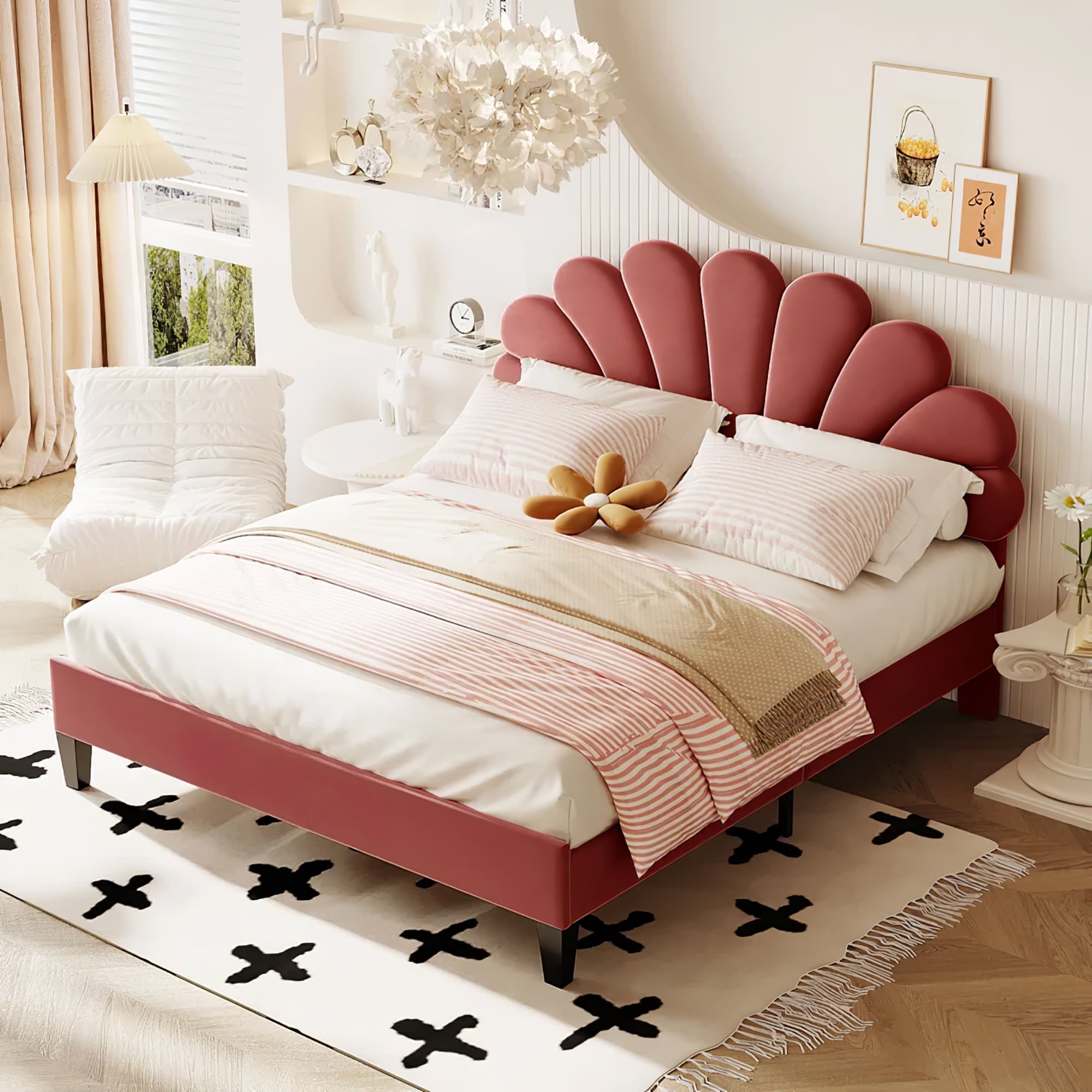 Aukfa Queen Bed Frame with Flower Upholstered Headboard, Wood Slats Support, Bean Red