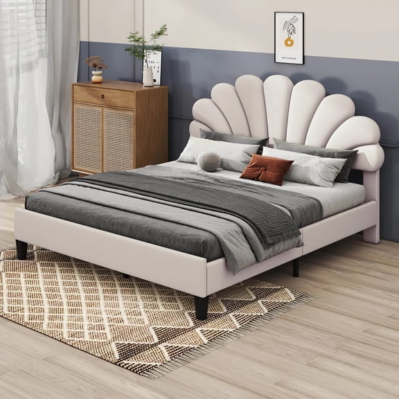 Aukfa Queen Bed Frame with Flower Upholstered Headboard, Wood Slats Support, Beige