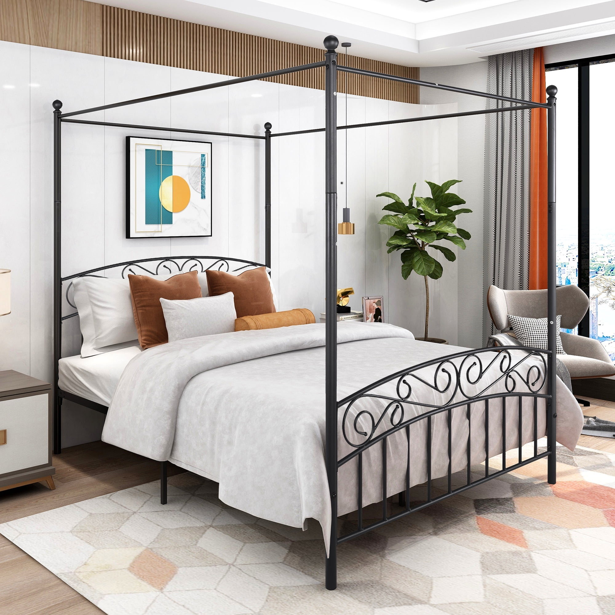 Aukfa Queen Canopy Bed Frame, Four-Poster Metal Platform Bed with Headboard and Footboard - Black