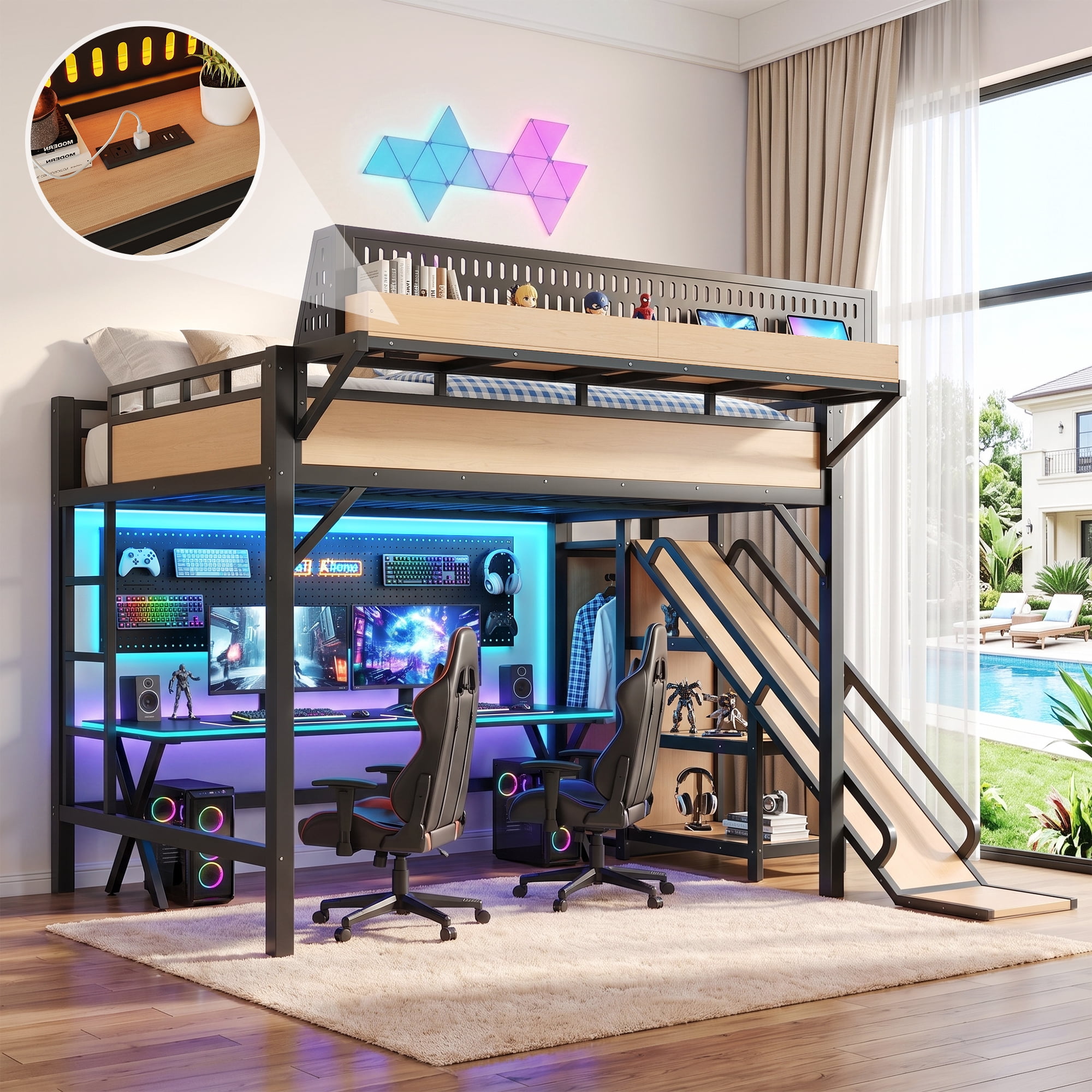 Aukfa Queen Loft Bed with Slide, Shelves, Wardrobe, USB Ports & LED Lights, Heavy-Duty Metal Bed Frame for Kids Teens Adults, Natural