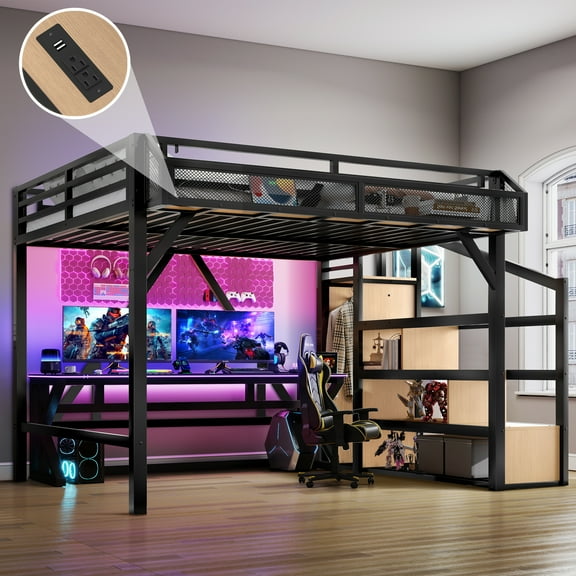 Aukfa Queen Metal Loft Bed with Storage Stairs, Shelves, Wardrobe, USB Ports & LED Lights, Heavy-Duty Bed Frame for Adults & Kids, Black