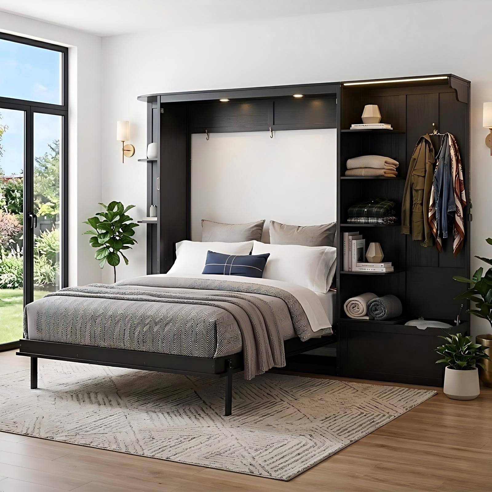 Aukfa Queen Murphy Bed with Storage & LED Lights, Space-Saving Modern Wall Bed Cabinet with Shelves & Hanging Hook for Small Spaces, Guest Room, Home, Black