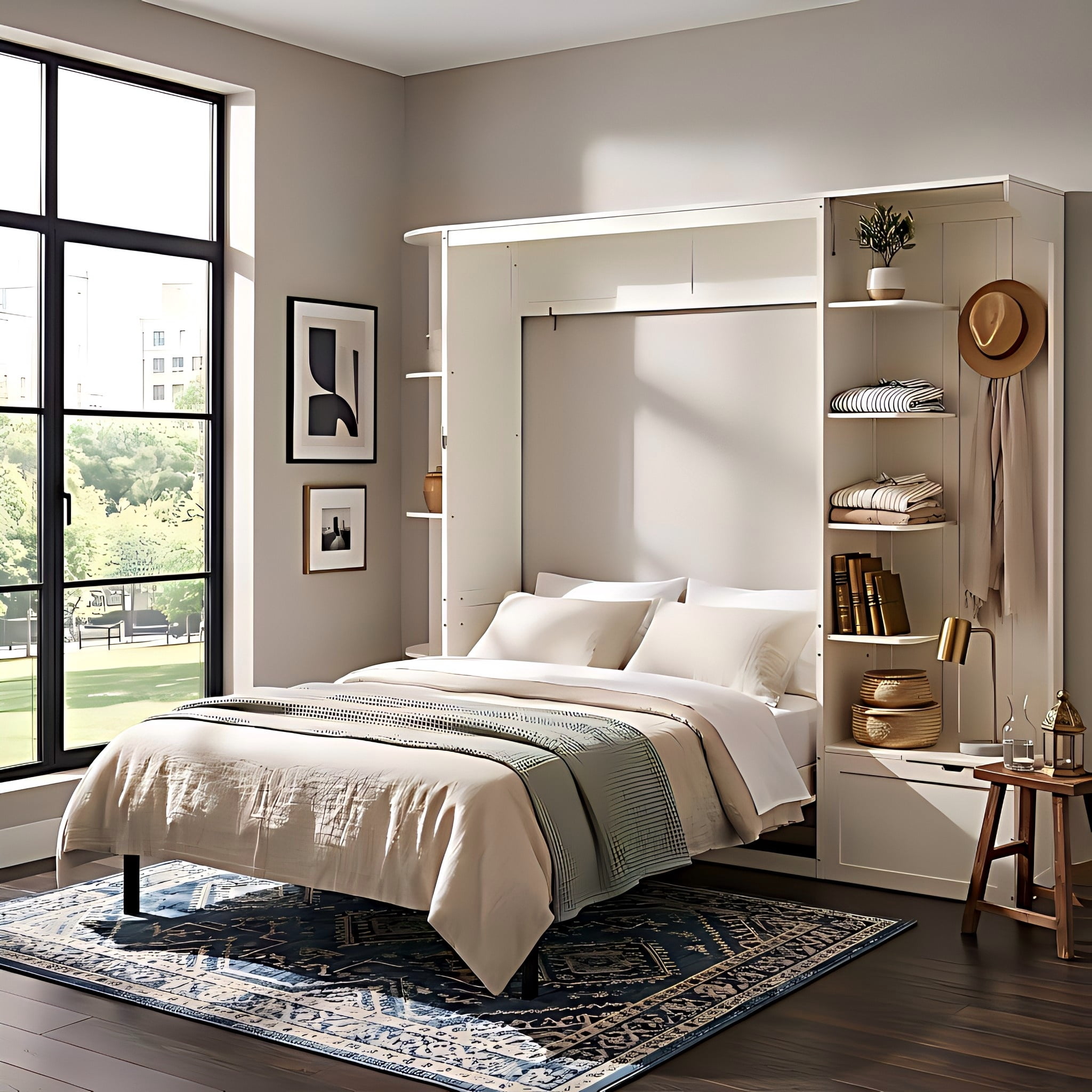 Aukfa Queen Murphy Bed with Storage & LED Lights, Space-Saving Modern Wall Bed Cabinet with Shelves & Hanging Hook for Small Spaces, Guest Room, Home, White