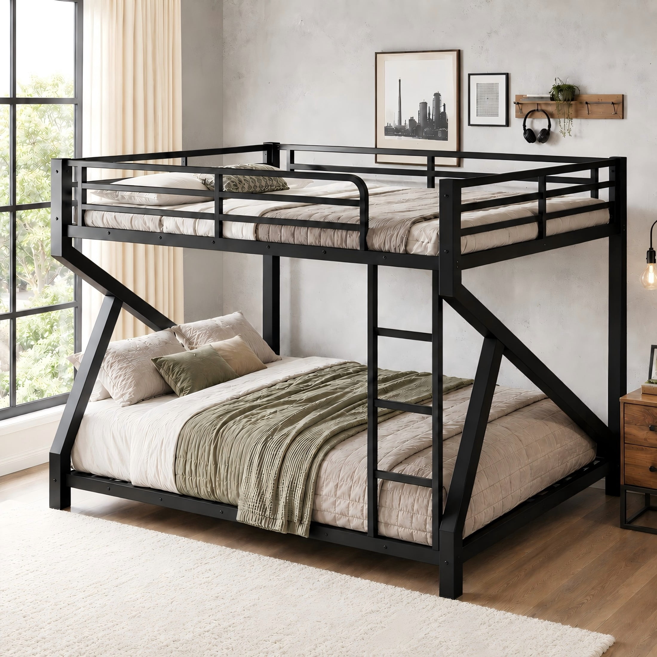 Aukfa Queen over Queen Metal Bunk Bed with Built-In Ladders, Low Profile Heavy Duty Bunk Bed with Reinforced Support Slats, No Box Spring Needed, Black