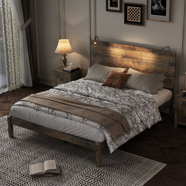 Aukfa Queen Size Bed Frame, Farmhouse Wood Bed with Two Bedside Lights