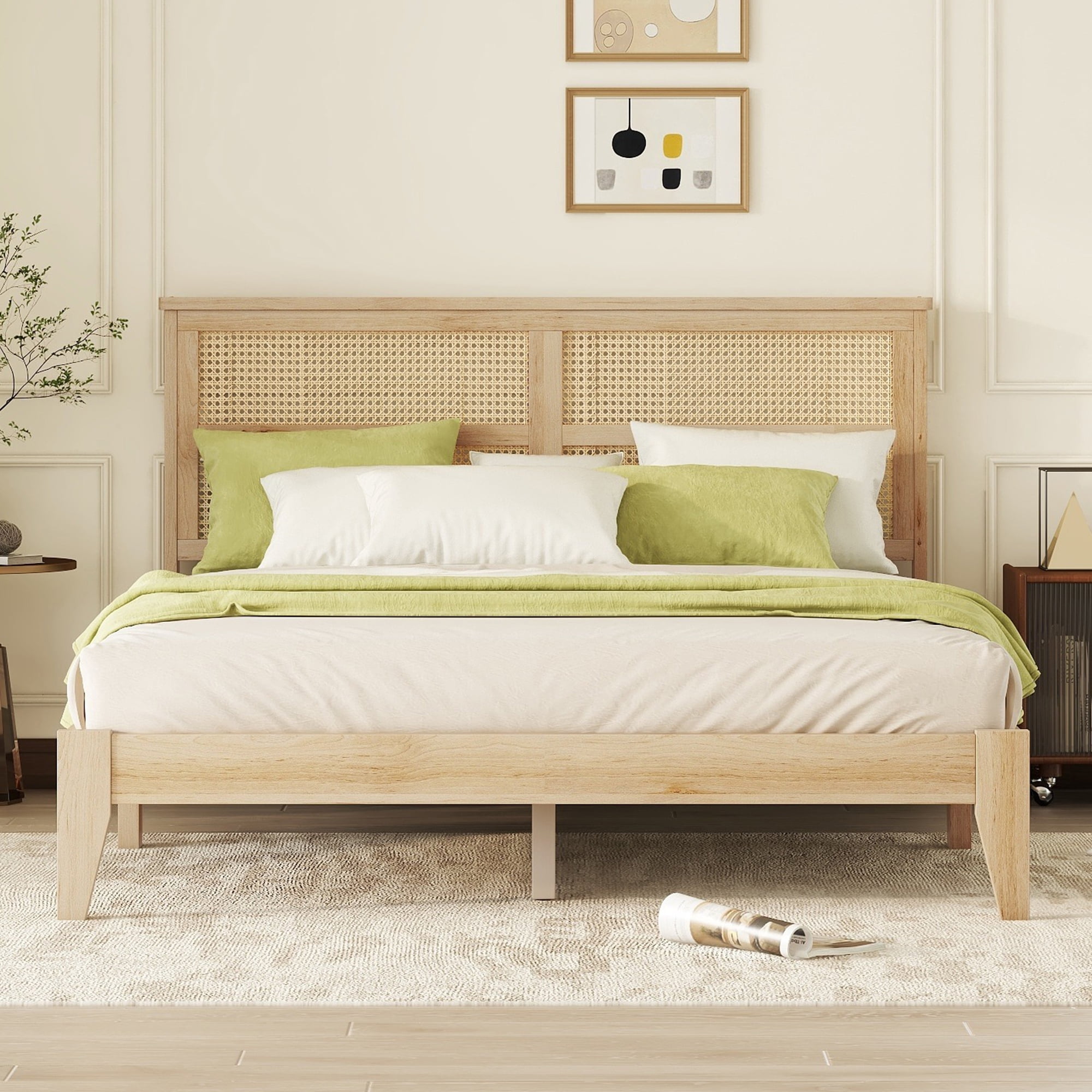 Aukfa Queen Size Bed Frame, Rubber Wooden Platform Bed with Rattan Headboard, Oak