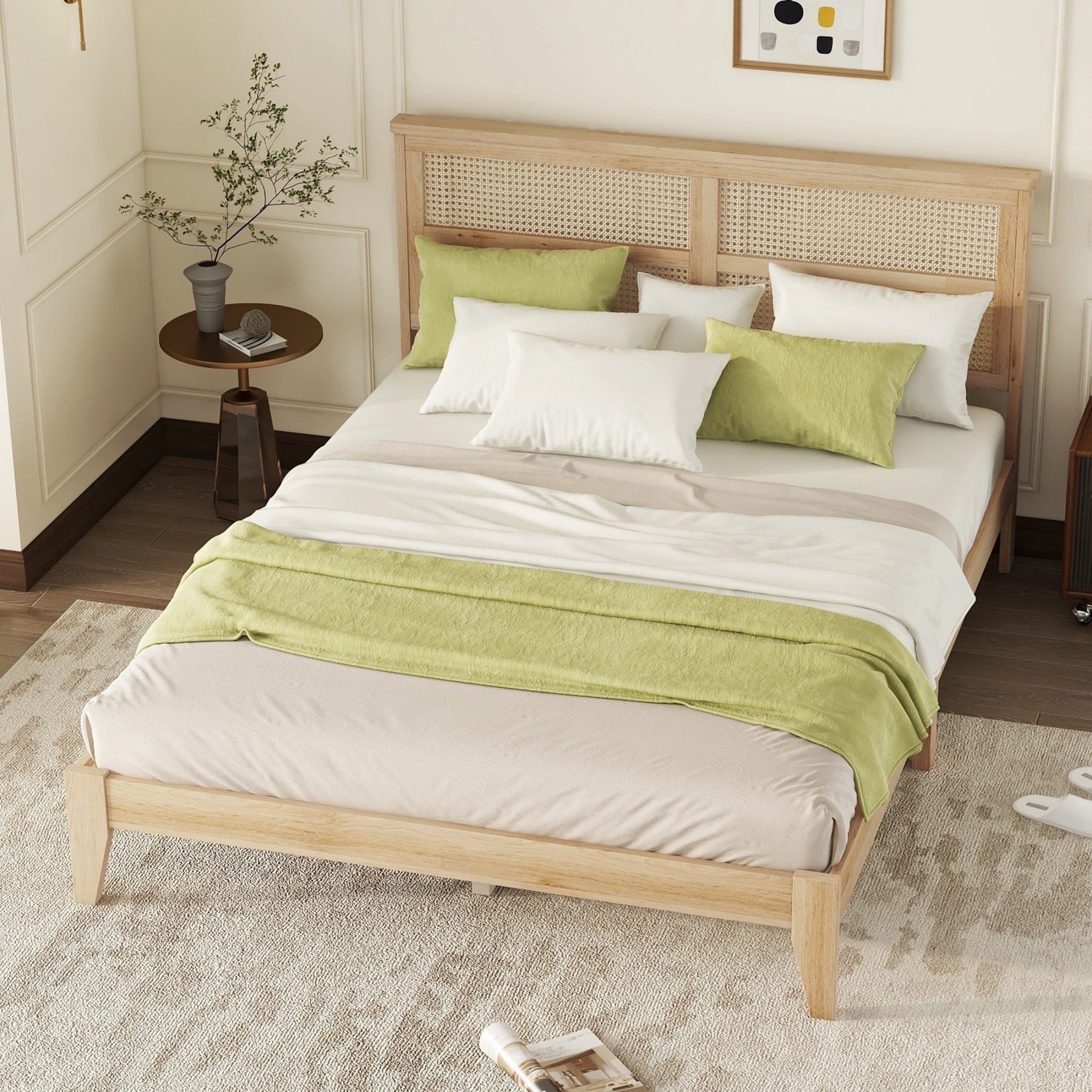 Aukfa Queen Size Bed Frame, Rubber Wooden Platform Bed with Rattan Headboard, Oak