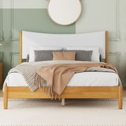 Aukfa Queen Size Bed Frame, Rubber Wooden Platform Bed with Teddy Upholstered Headboard, Oak