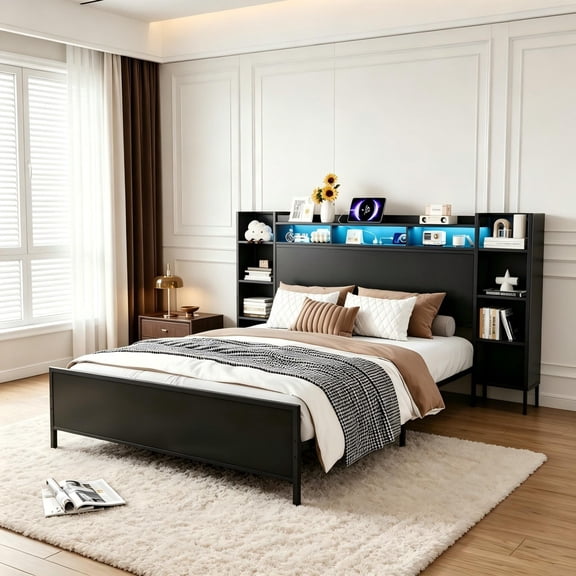 Aukfa Queen Size Bed Frame with Storage Headboard, USB Charging Station & LED Lights, Heavy Duty Metal Platform Bed with Outlets, No Box Spring Needed, Black