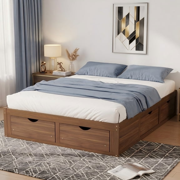 Aukfa Queen Size Bed Frame with 6 Storage Drawers, Farmhouse Captain Platform Bed, Oak