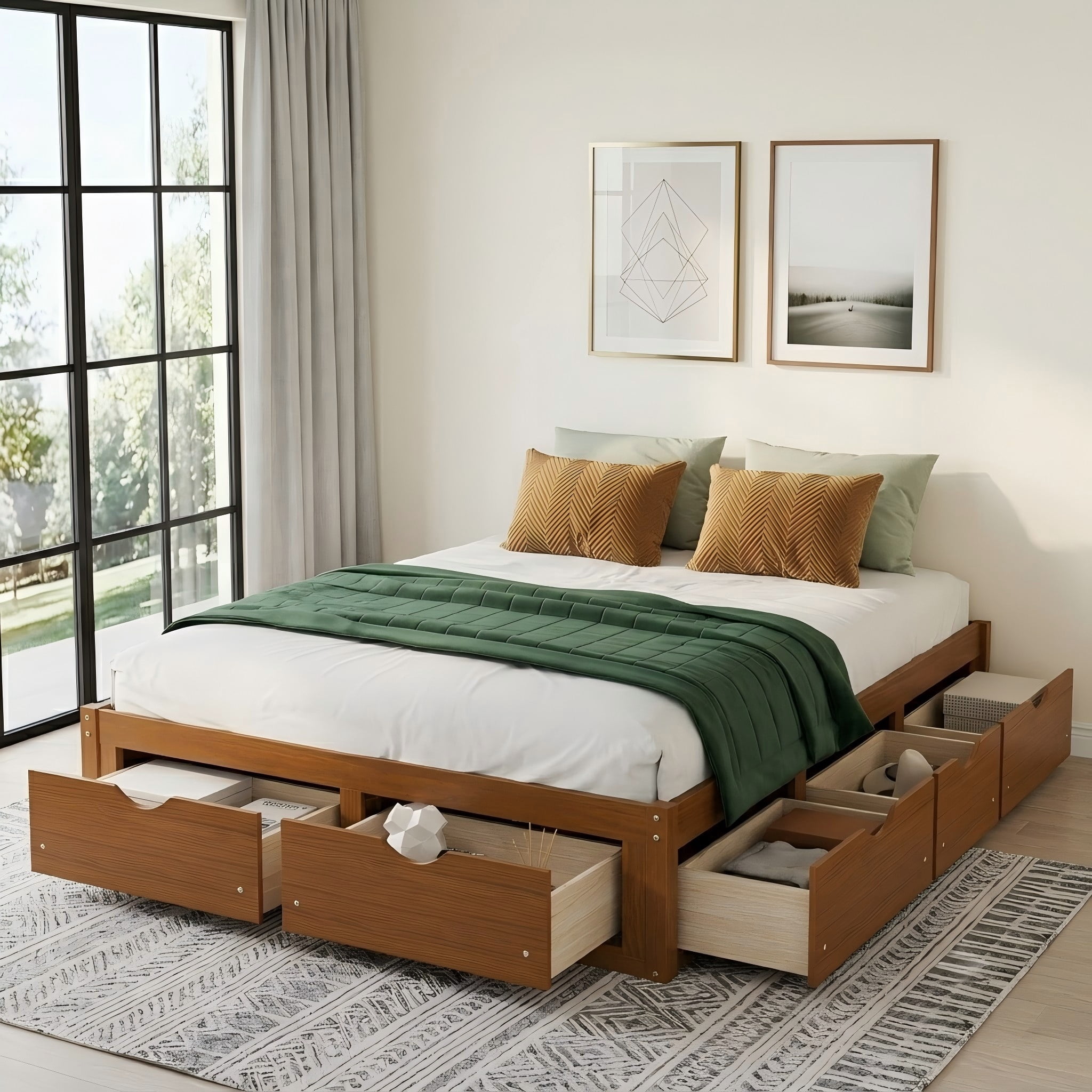 Aukfa Queen Size Bed Frame with 6 Storage Drawers, Farmhouse Captain Platform Bed, Walnut