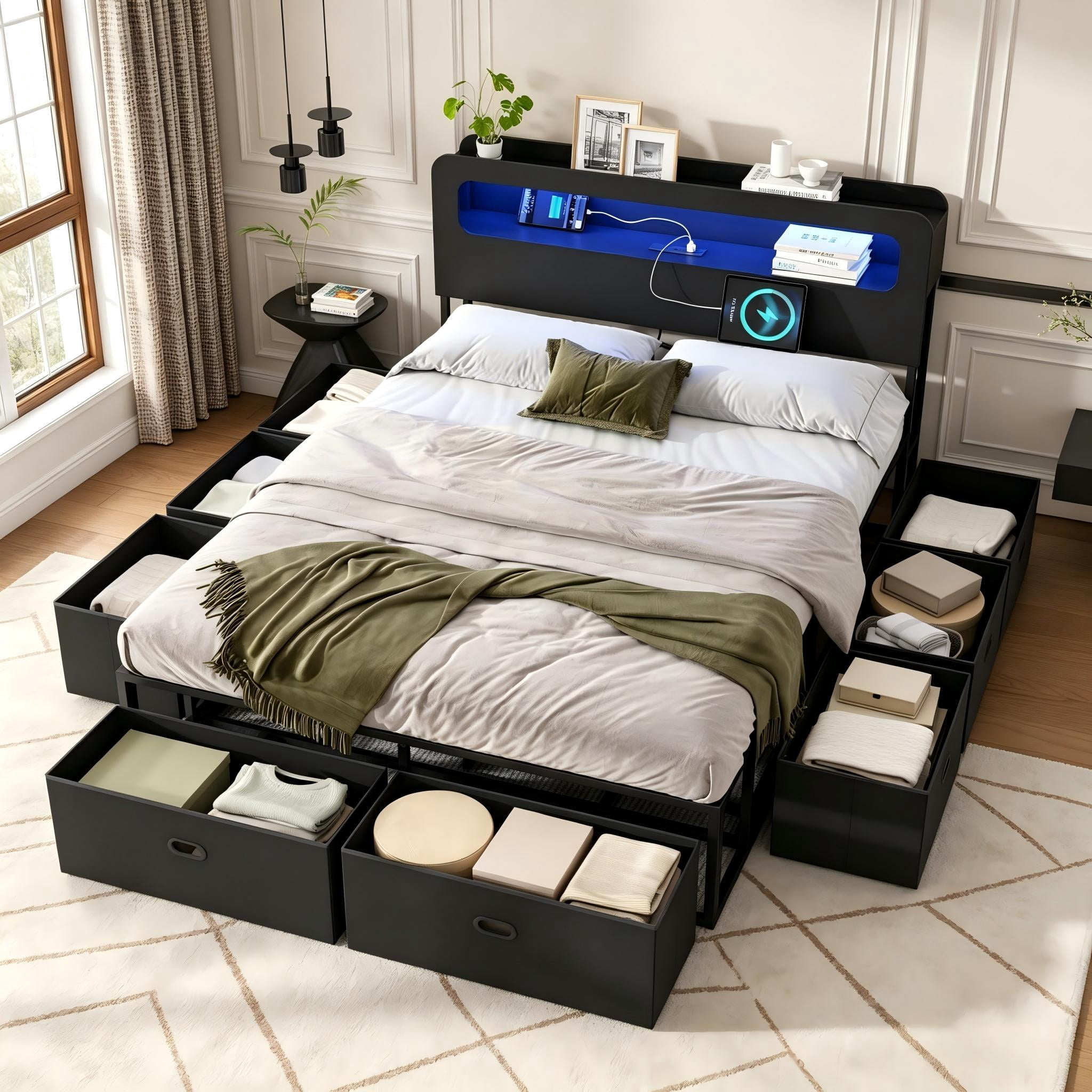 Aukfa Queen Size Bed Frame with 8 Fabric Storage Drawers, LED Light Headboard with App Control, Charging Station, Metal Platform Bed, Black