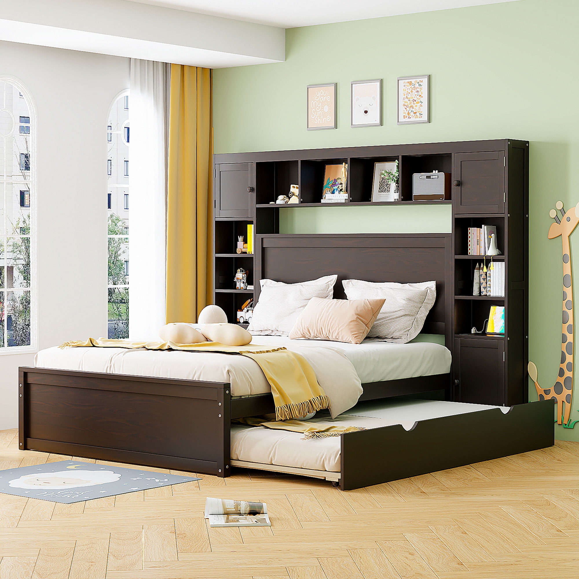 Aukfa Queen Size Bed Frame with All-in-One Cabinet and Shelves, Wooden Functional Bed with Trundle and Storage Drawers, USB Ports Outlets, Espresso