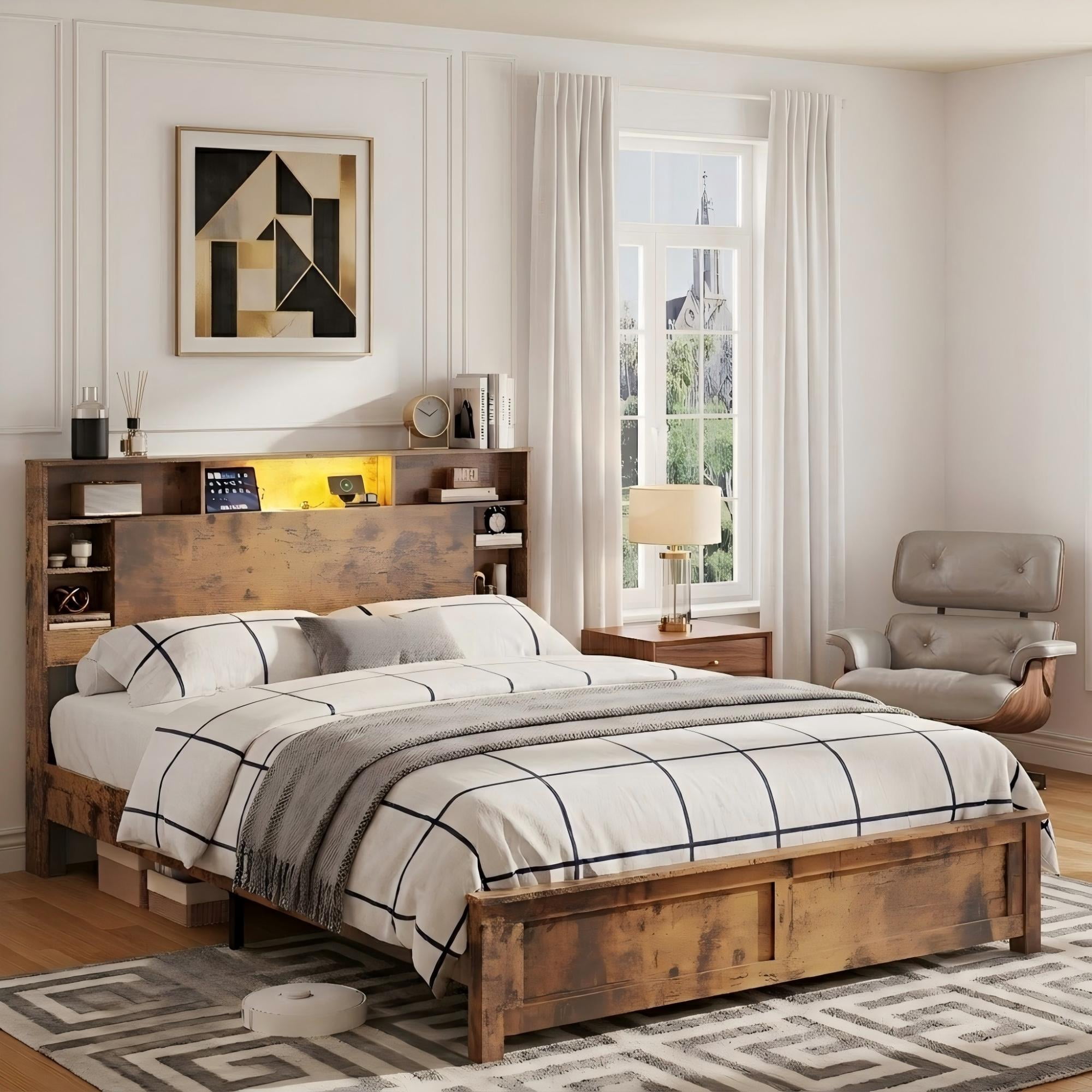 Aukfa Queen Size Bed Frame with Charging Station, Storage Headboard & LED Lights, Farmhouse Wood Platform Bed, Brown