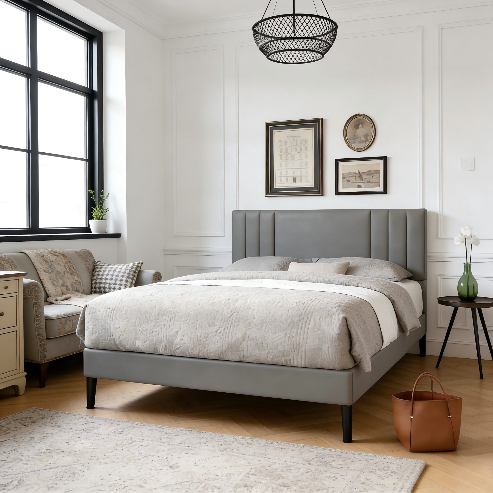 Aukfa Queen Size Bed Frame with Upholstered Adjustable Headboard, Faux Leather Platform Bed with Wood Slats Support, No Box Spring Needed, Gray