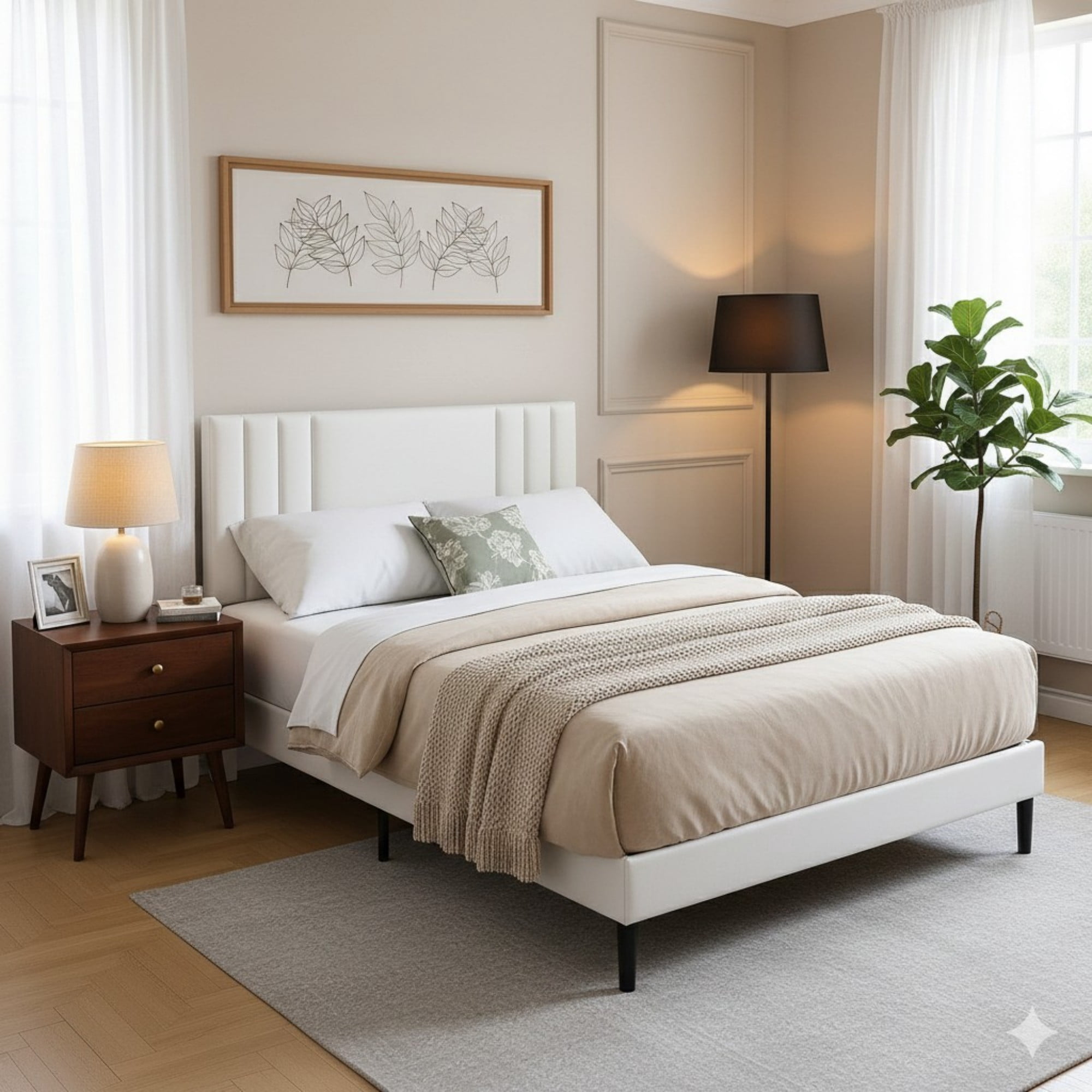 Aukfa Queen Size Bed Frame with Upholstered Adjustable Headboard, Faux Leather Platform Bed with Wood Slats Support, No Box Spring Needed, White