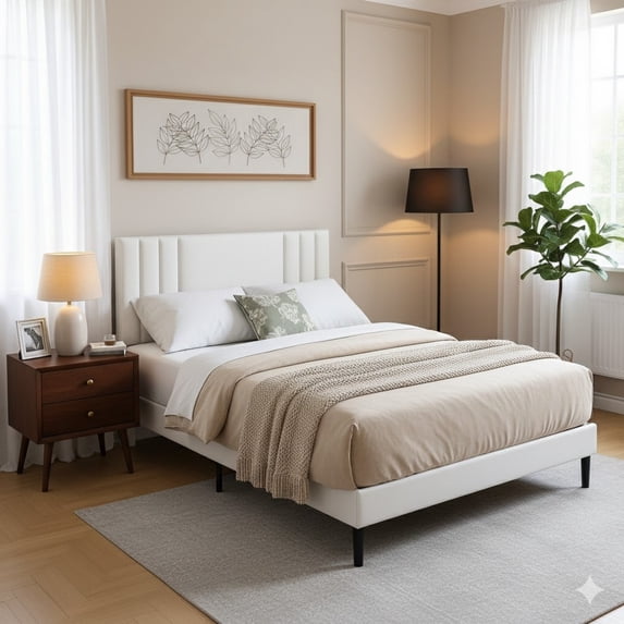Aukfa Queen Size Bed Frame with Upholstered Adjustable Headboard, Faux Leather Platform Bed with Wood Slats Support, No Box Spring Needed, White