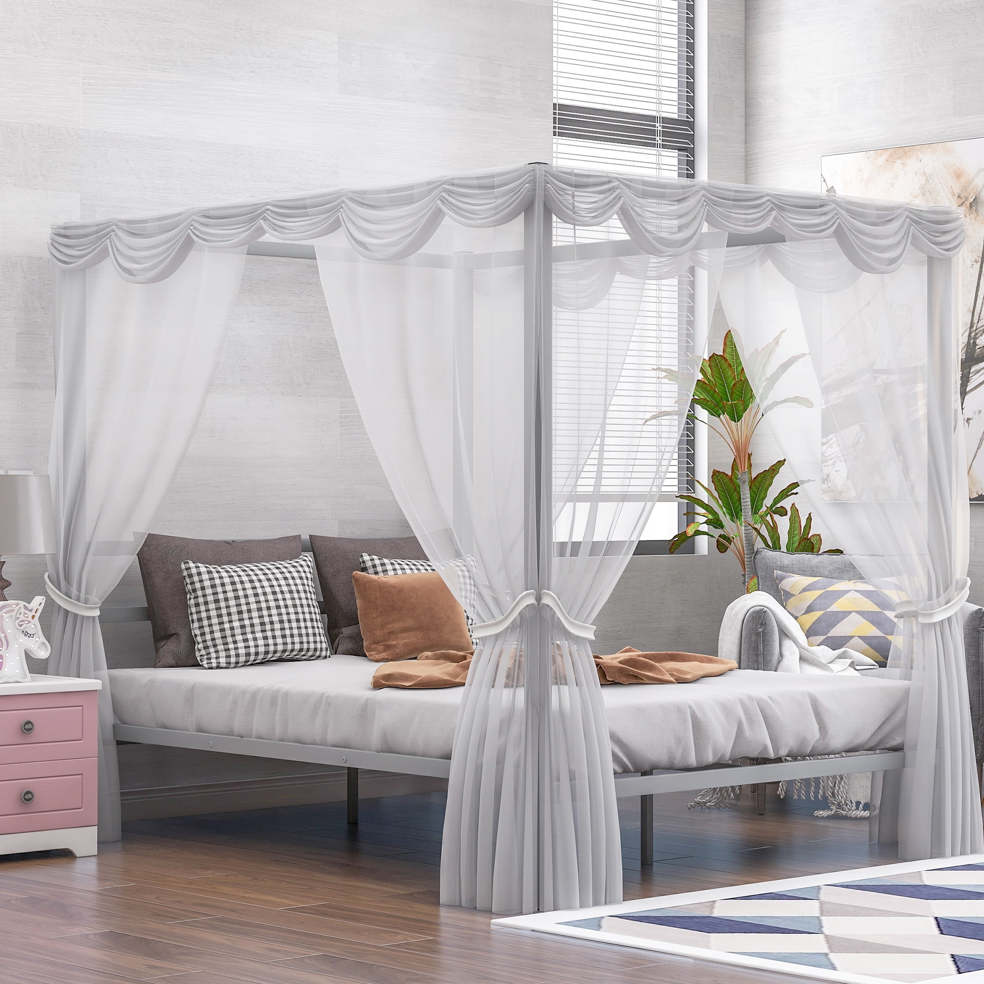 Aukfa Queen Size Canopy Bed Metal Platform Bed with Headboard Silver