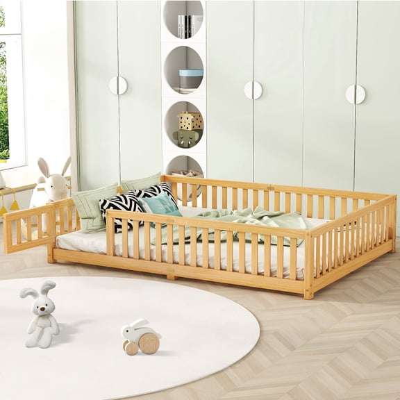 Aukfa Queen Size Floor Bed for Kids, Girls, Boys, Wood Montessori Bed Frame with Safety Guardrails and Door, Natural