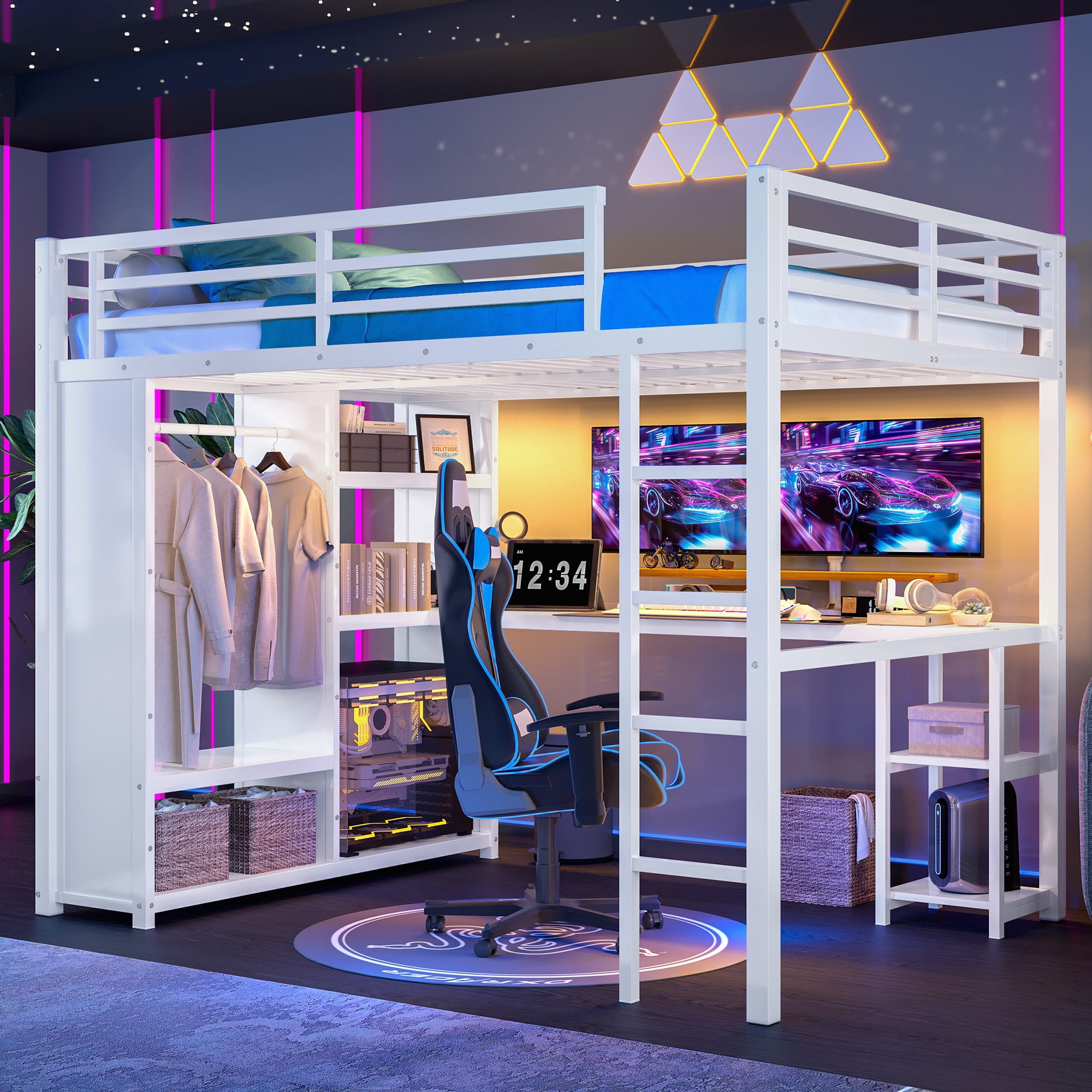 Aukfa Queen Size Heavy Duty Metal Loft Bed with Desk, Wardrobe & 5 Storage Shelves, Space-Saving Design for Kids, Teens, Adults, White