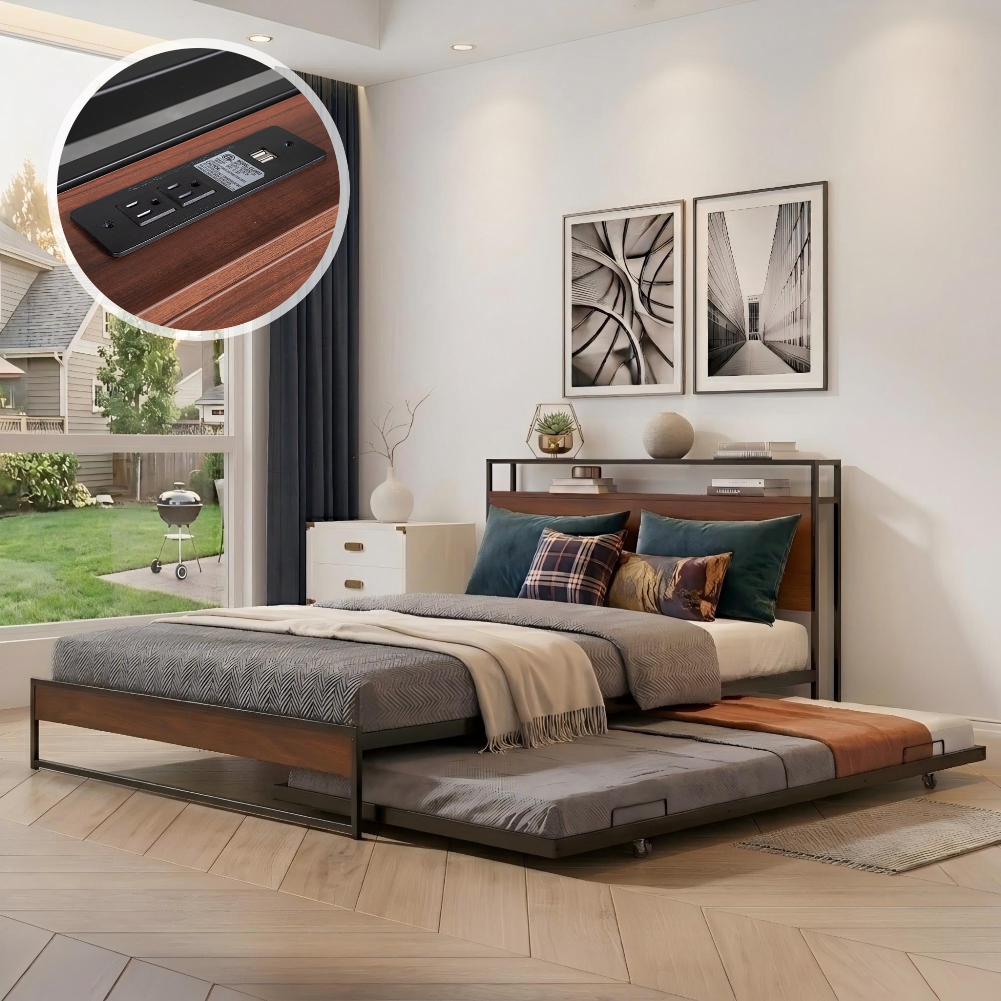 Aukfa Queen Size Metal Bed Frame with Trundle, USB Charging Ports and Storage Headboard, Modern Platform Bed with Wood Accents, Black