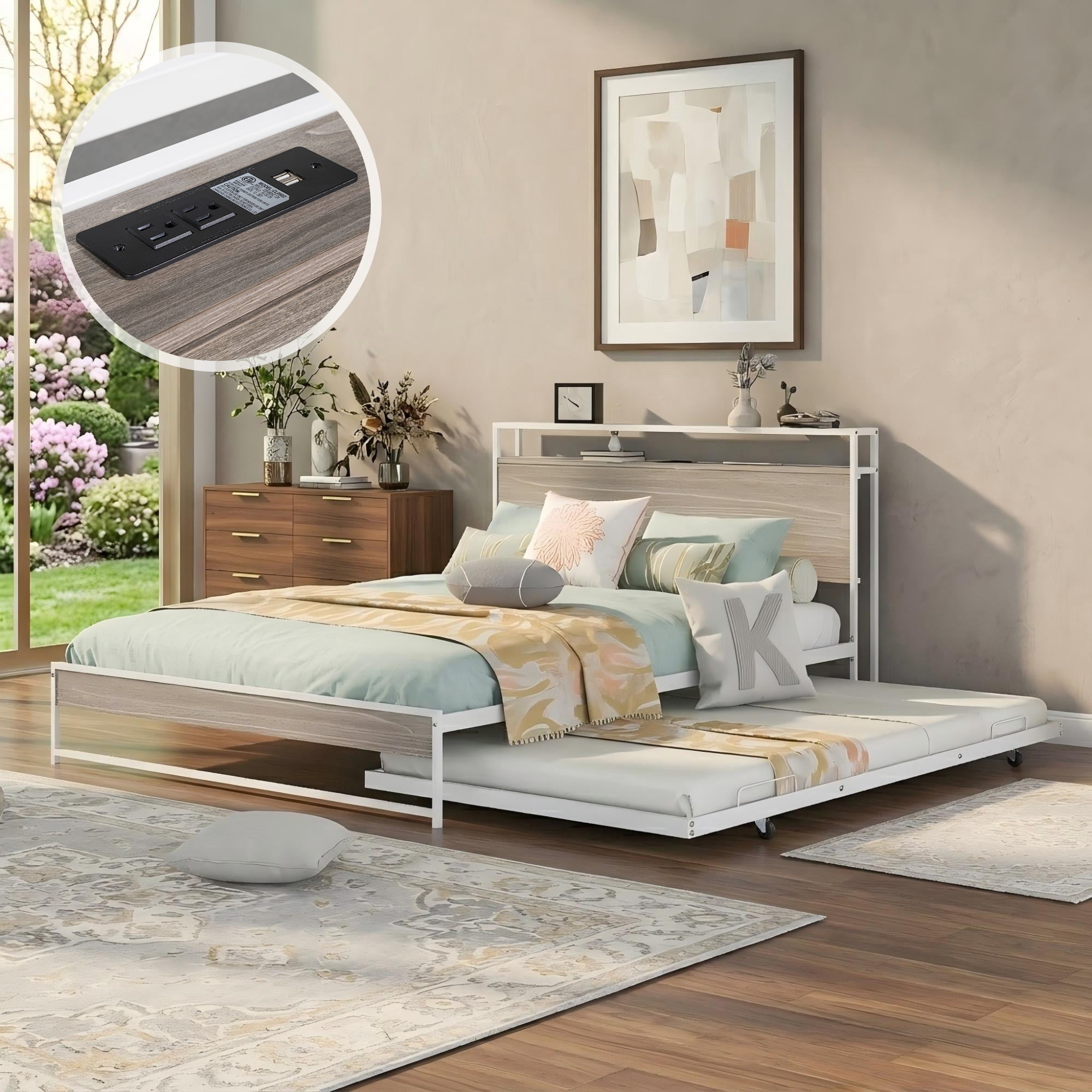 Aukfa Queen Size Metal Bed Frame with Trundle, USB Charging Ports and Storage Headboard, Modern Platform Bed with Wood Accents, White