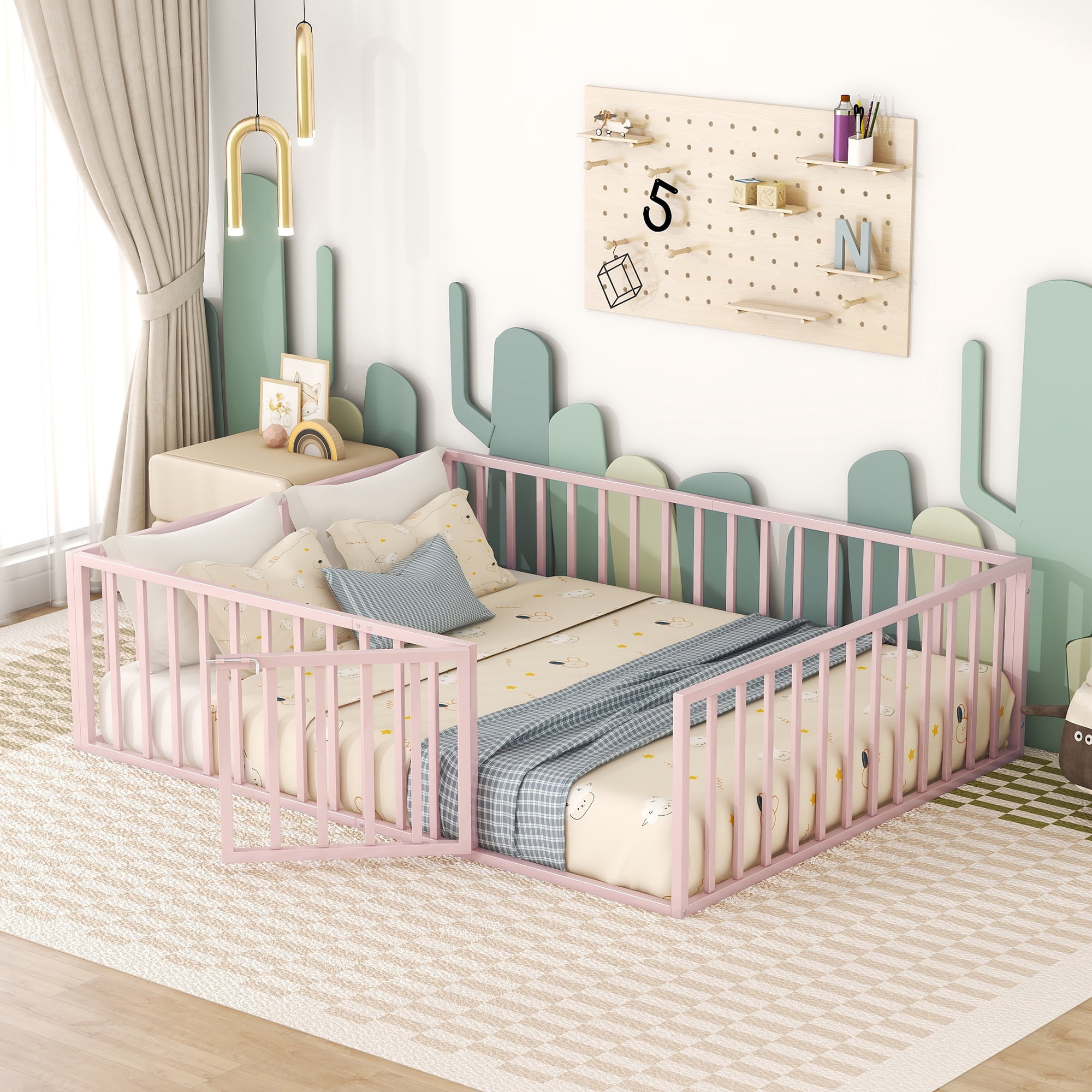 Aukfa Queen Size Metal Bed Frame with with Fence and Door, Floor Bed for Kids Toddler, Pink